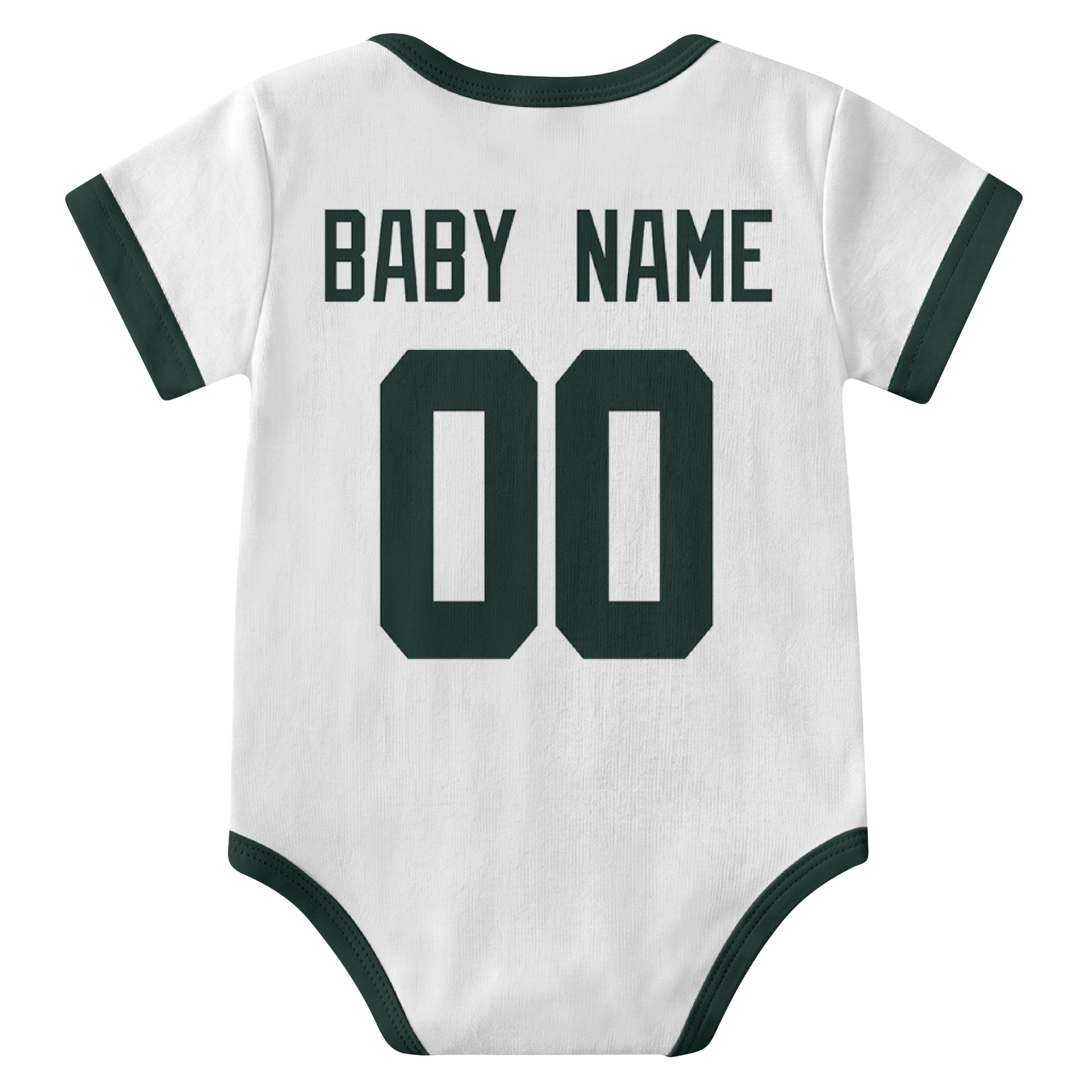 Green Bay White personalized baby football bodysuit back view with custom baby name and jersey number