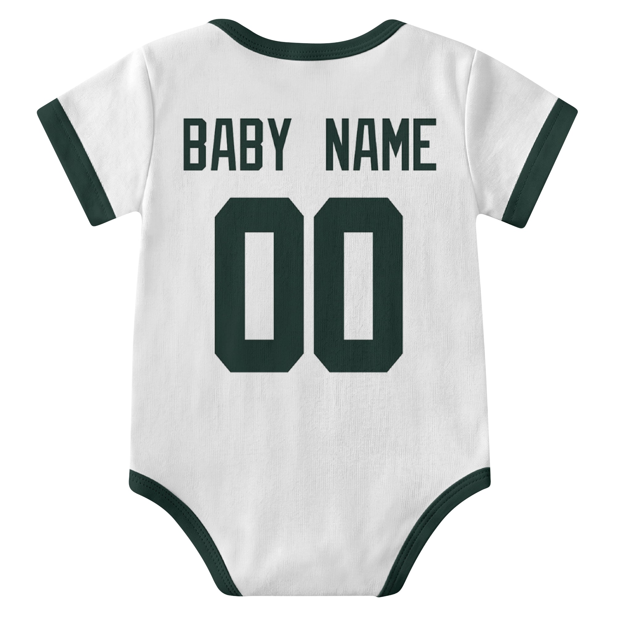 Green Bay White personalized baby football bodysuit back view with custom baby name and jersey number