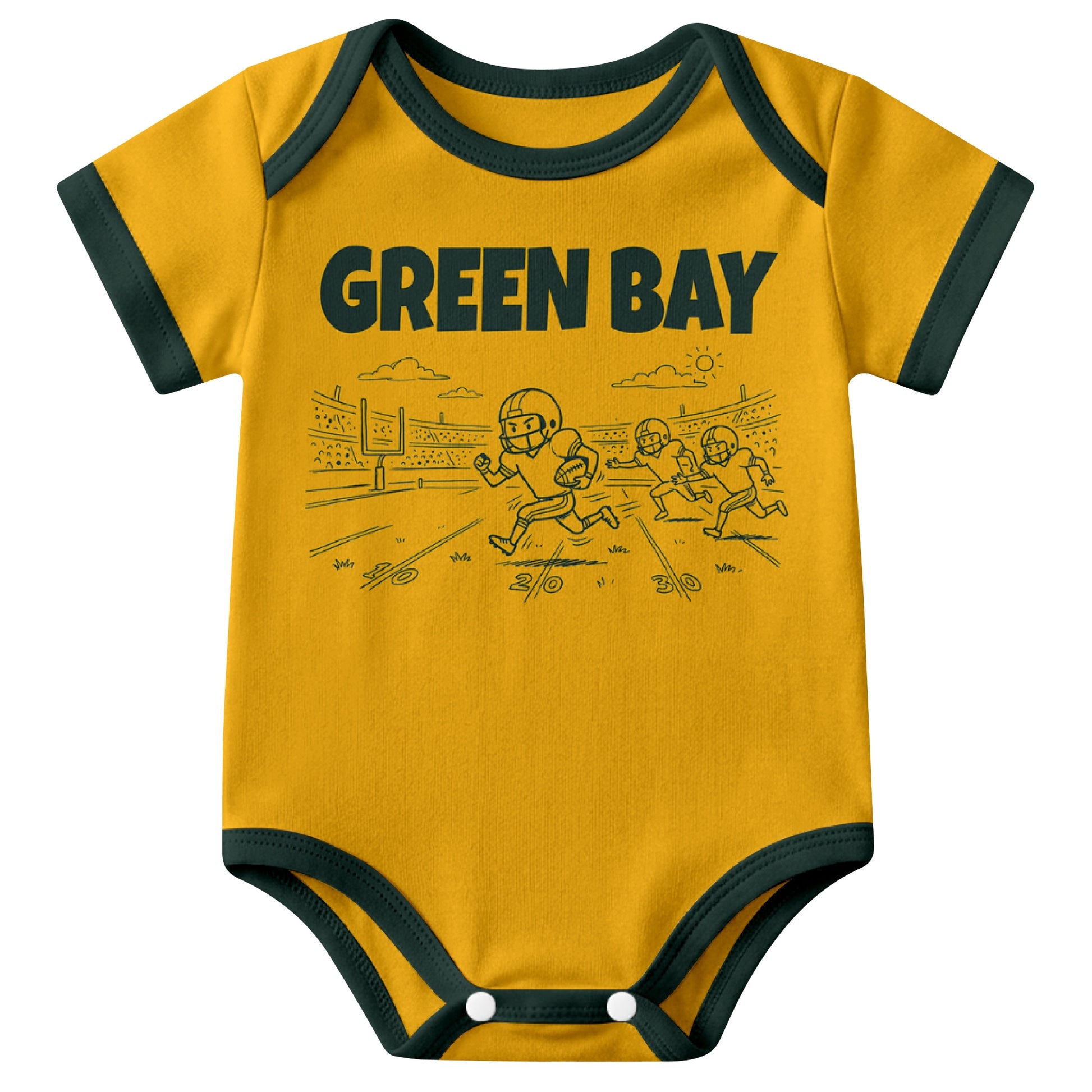 Green Bay Gold baby football bodysuit front view with city lettering and football field action graphic