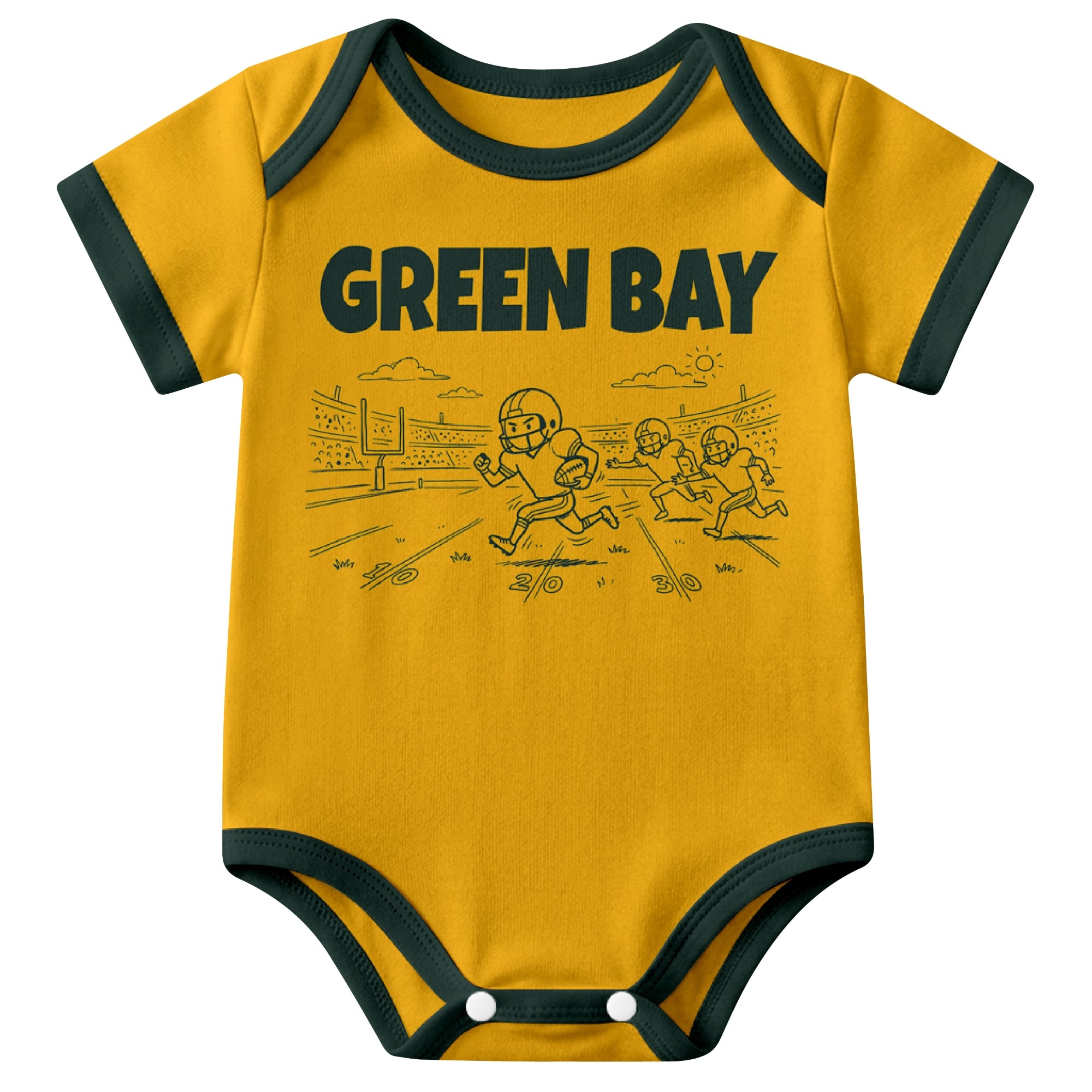 Green Bay Gold baby football bodysuit front view with city lettering and football field action graphic