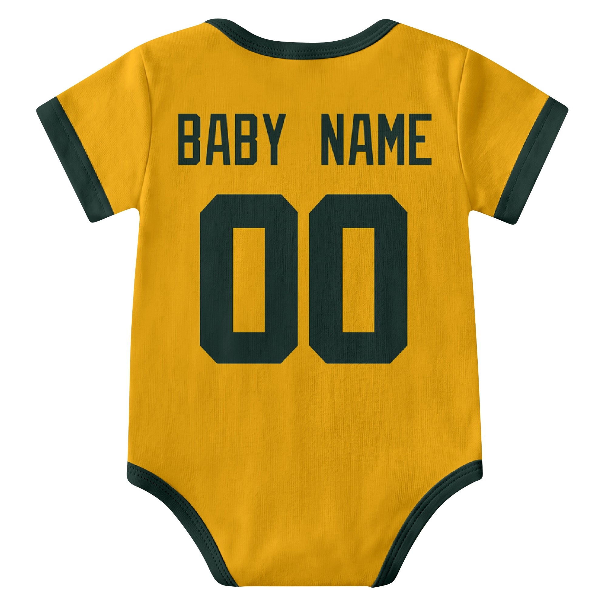 Green Bay Gold personalized baby football bodysuit back view with custom baby name and jersey number