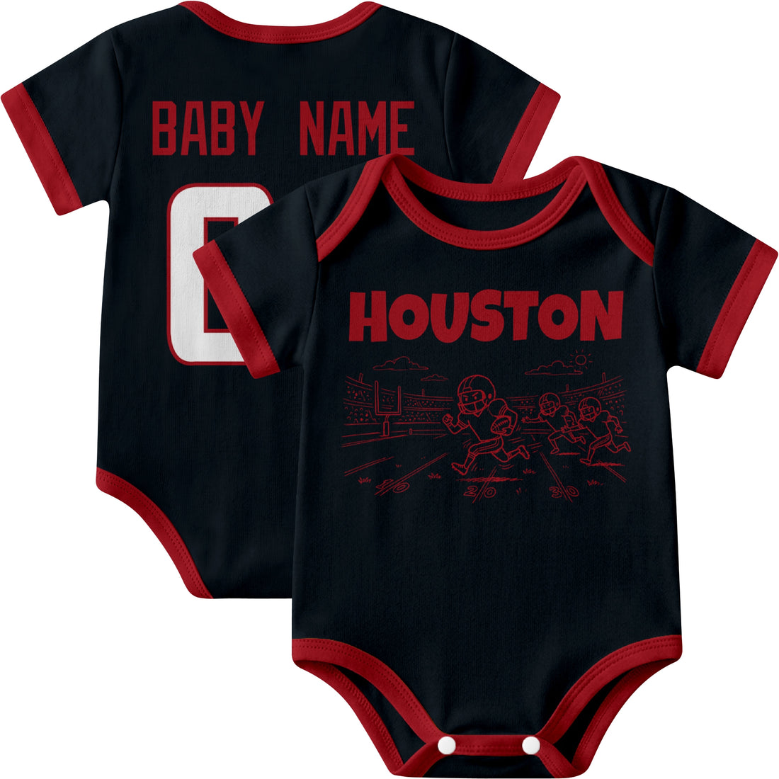 Houston personalized baby football bodysuit in Navy showing front field action scene and back custom baby name and number