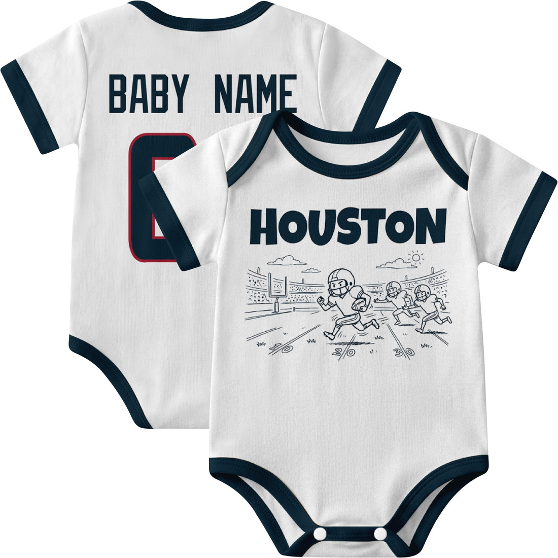 Houston personalized baby football bodysuit in Navy showing front field action scene and back custom baby name and number