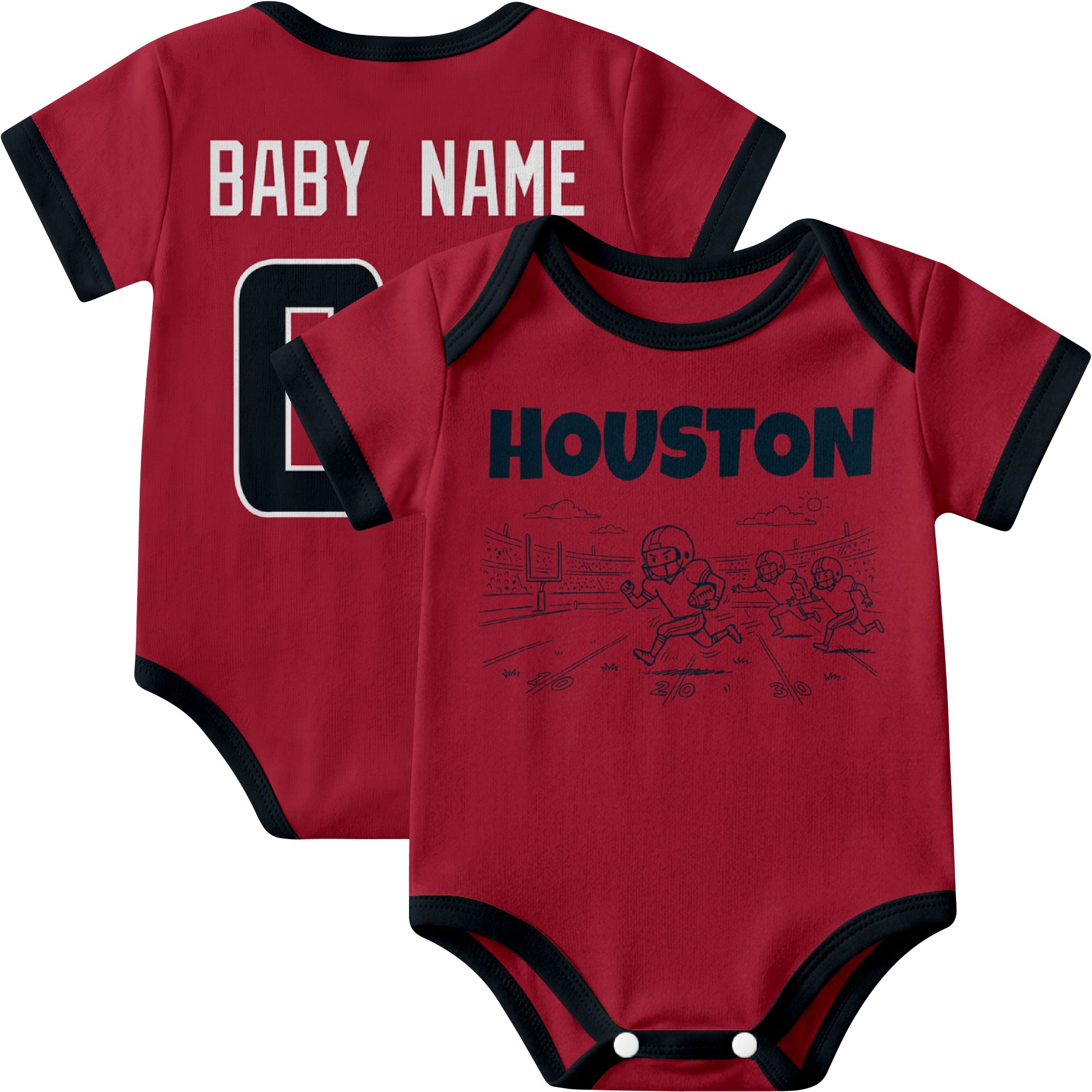 Houston personalized baby football bodysuit in Red showing front field action scene and back custom baby name and number