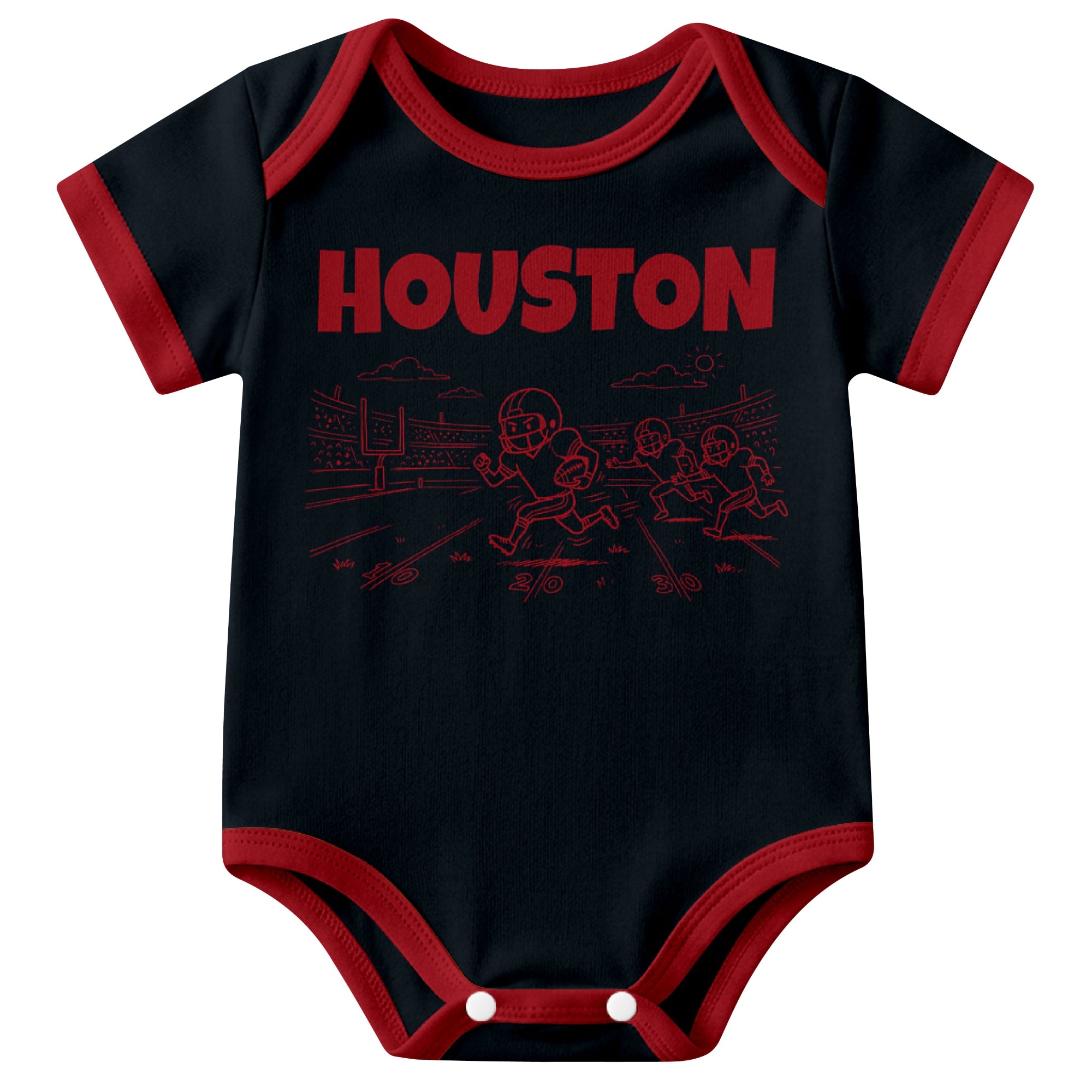 Houston Navy baby football bodysuit front view with city lettering and football field action graphic