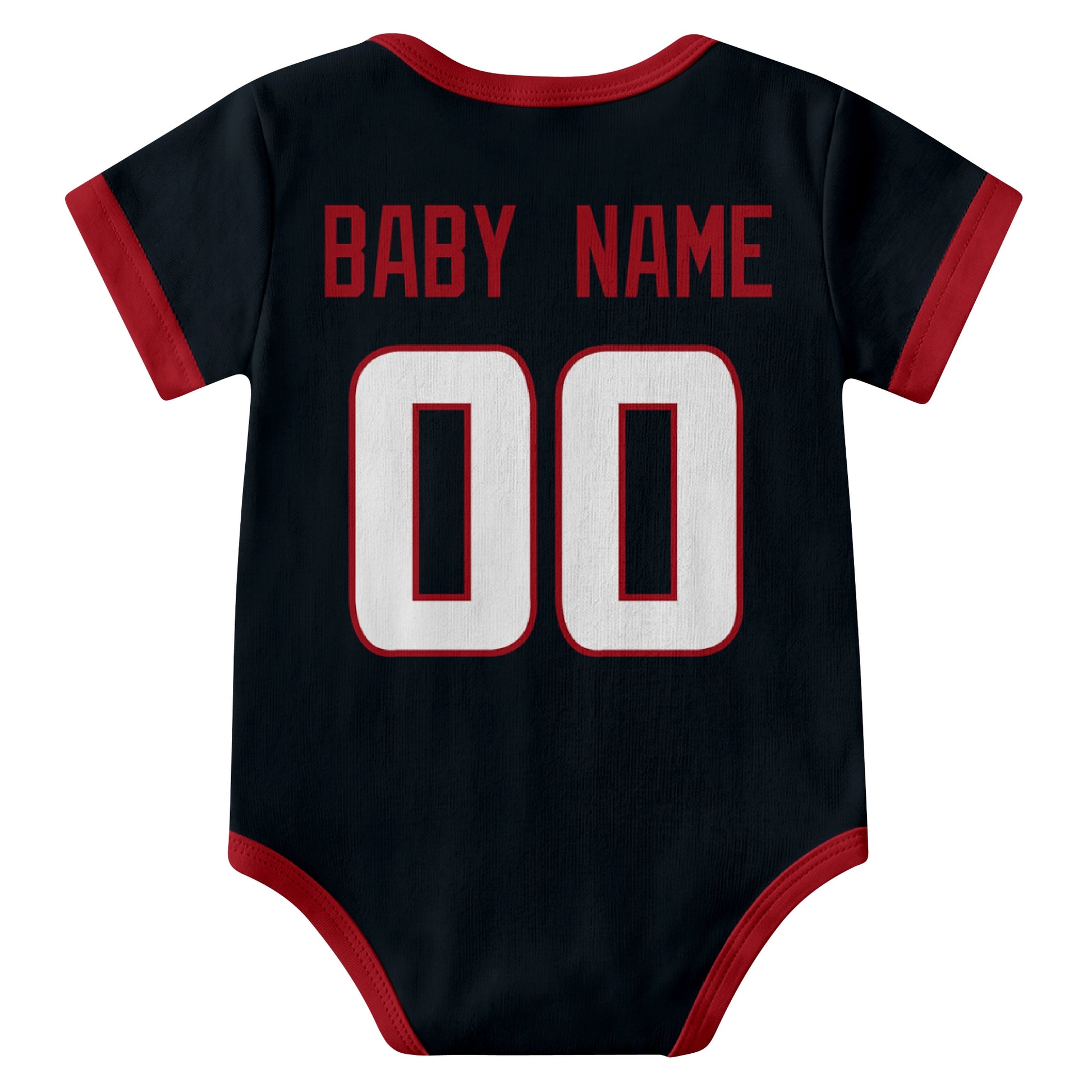 Houston Navy personalized baby football bodysuit back view with custom baby name and jersey number