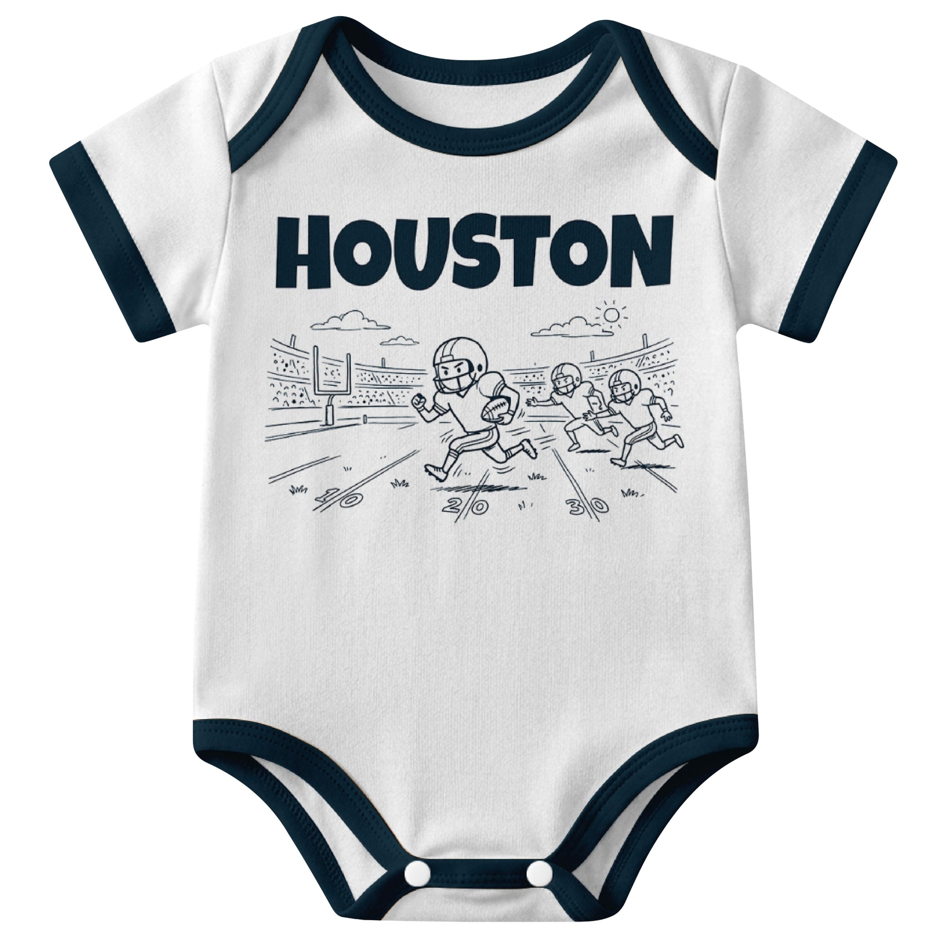 Houston White baby football bodysuit front view with city lettering and football field action graphic