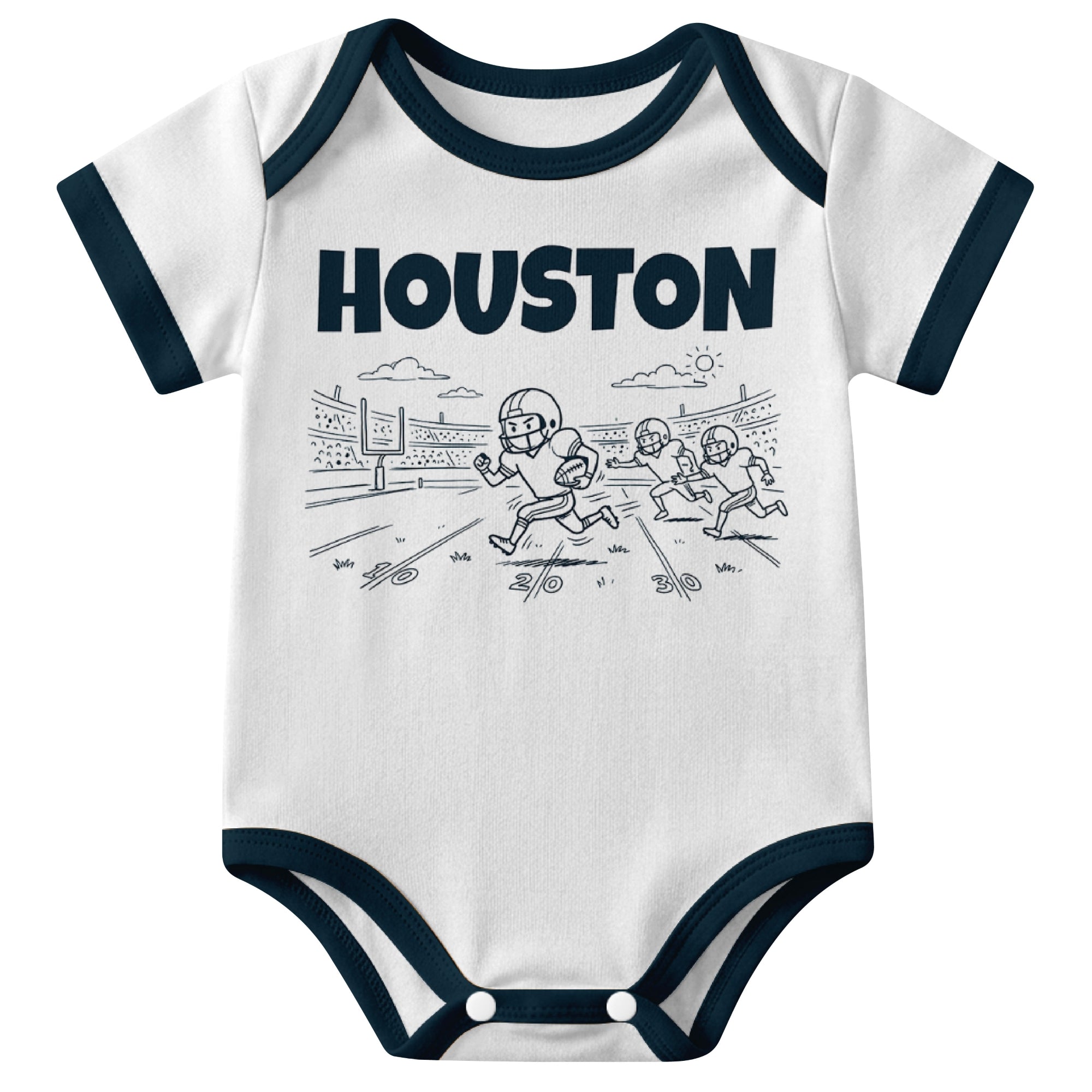 Houston White baby football bodysuit front view with city lettering and football field action graphic