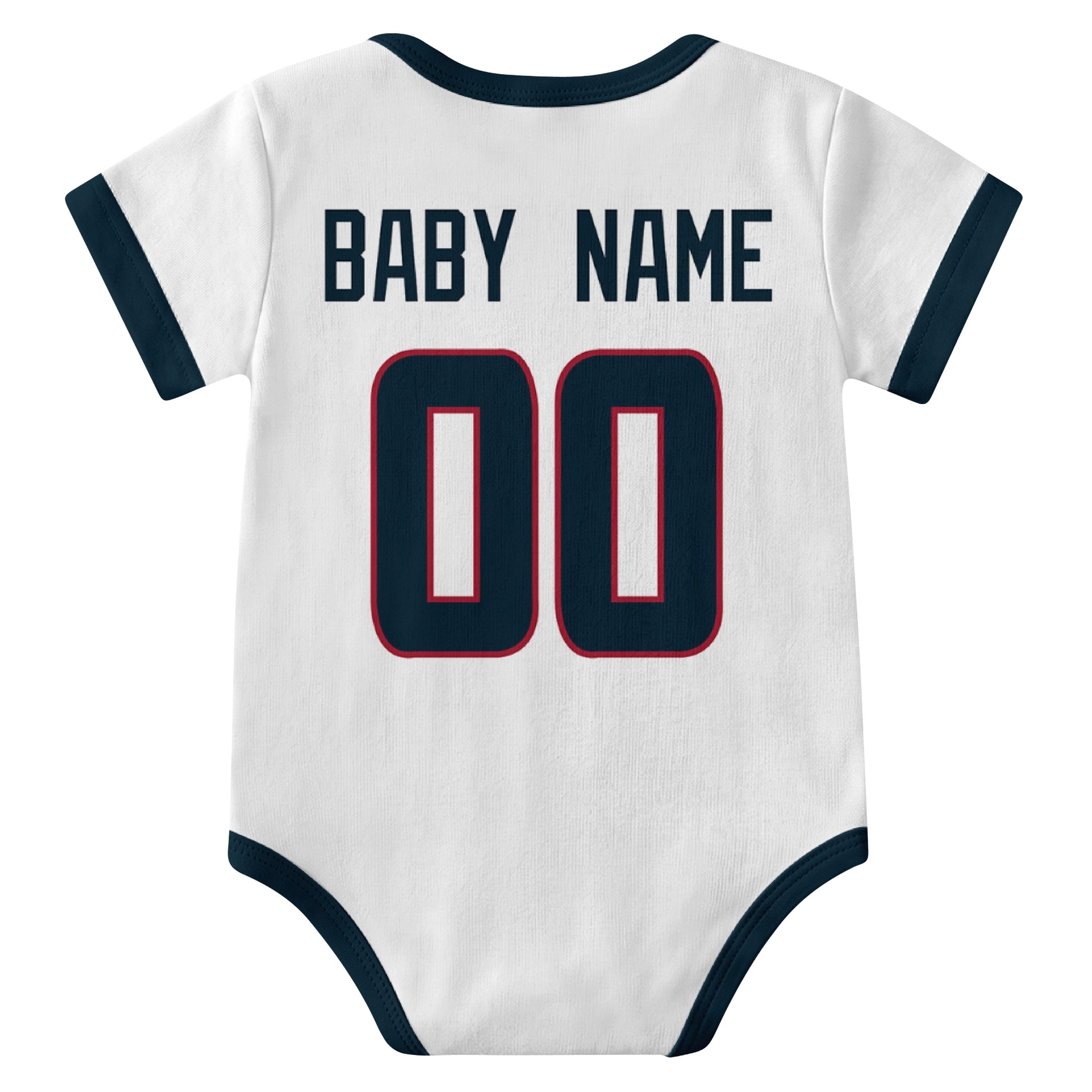 Houston White personalized baby football bodysuit back view with custom baby name and jersey number