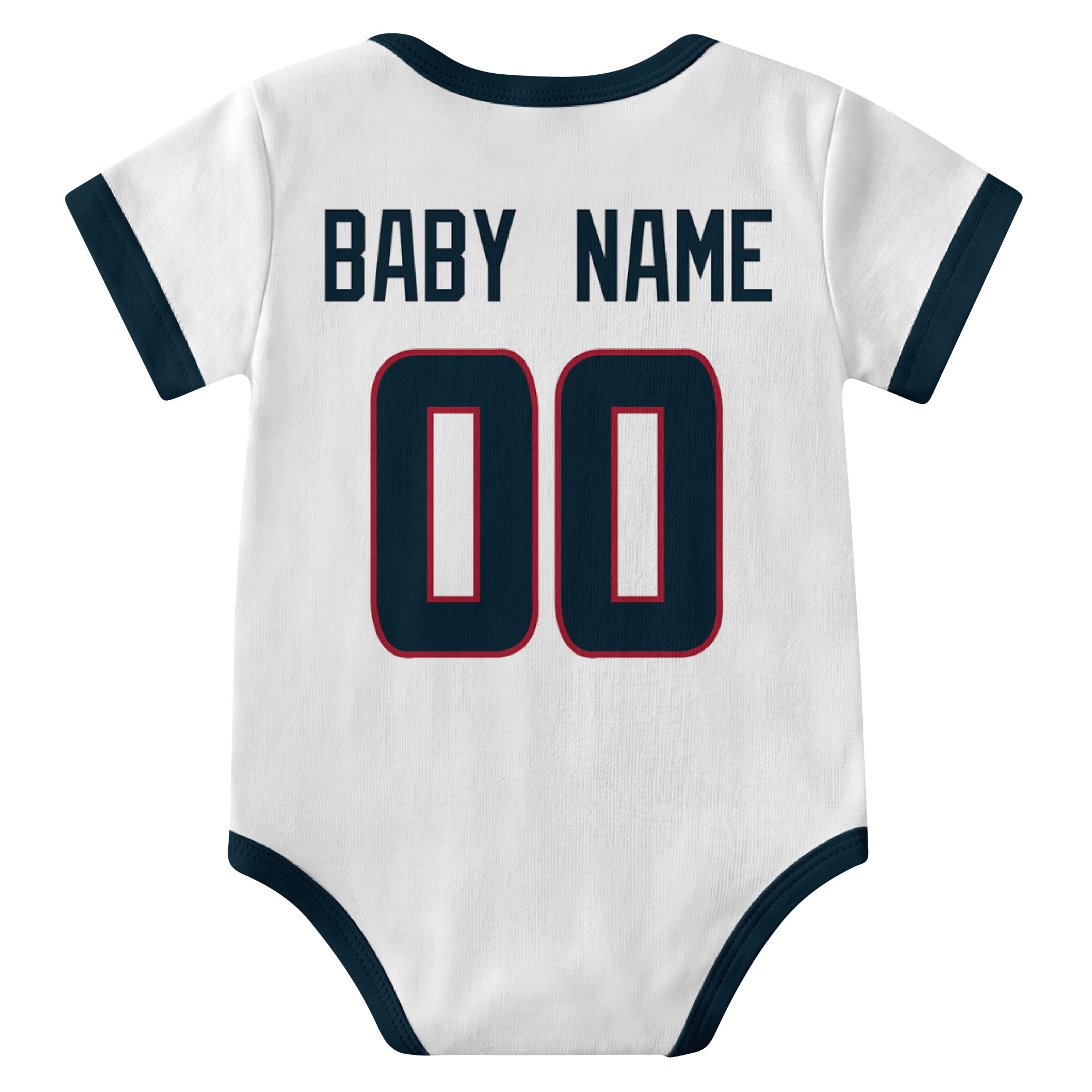 Houston White personalized baby football bodysuit back view with custom baby name and jersey number