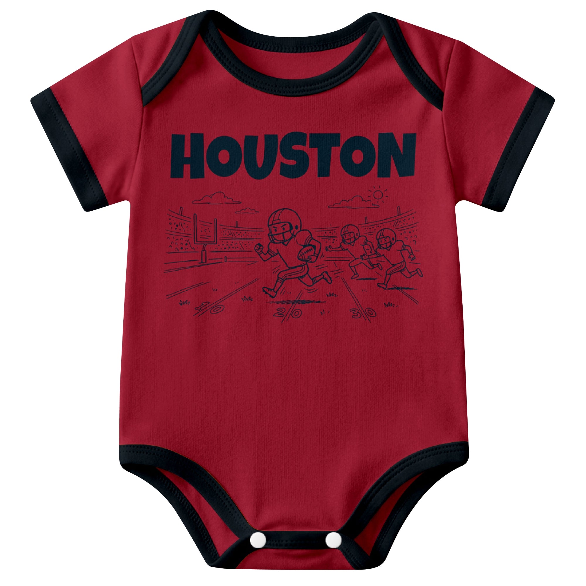 Houston Red baby football bodysuit front view with city lettering and football field action graphic