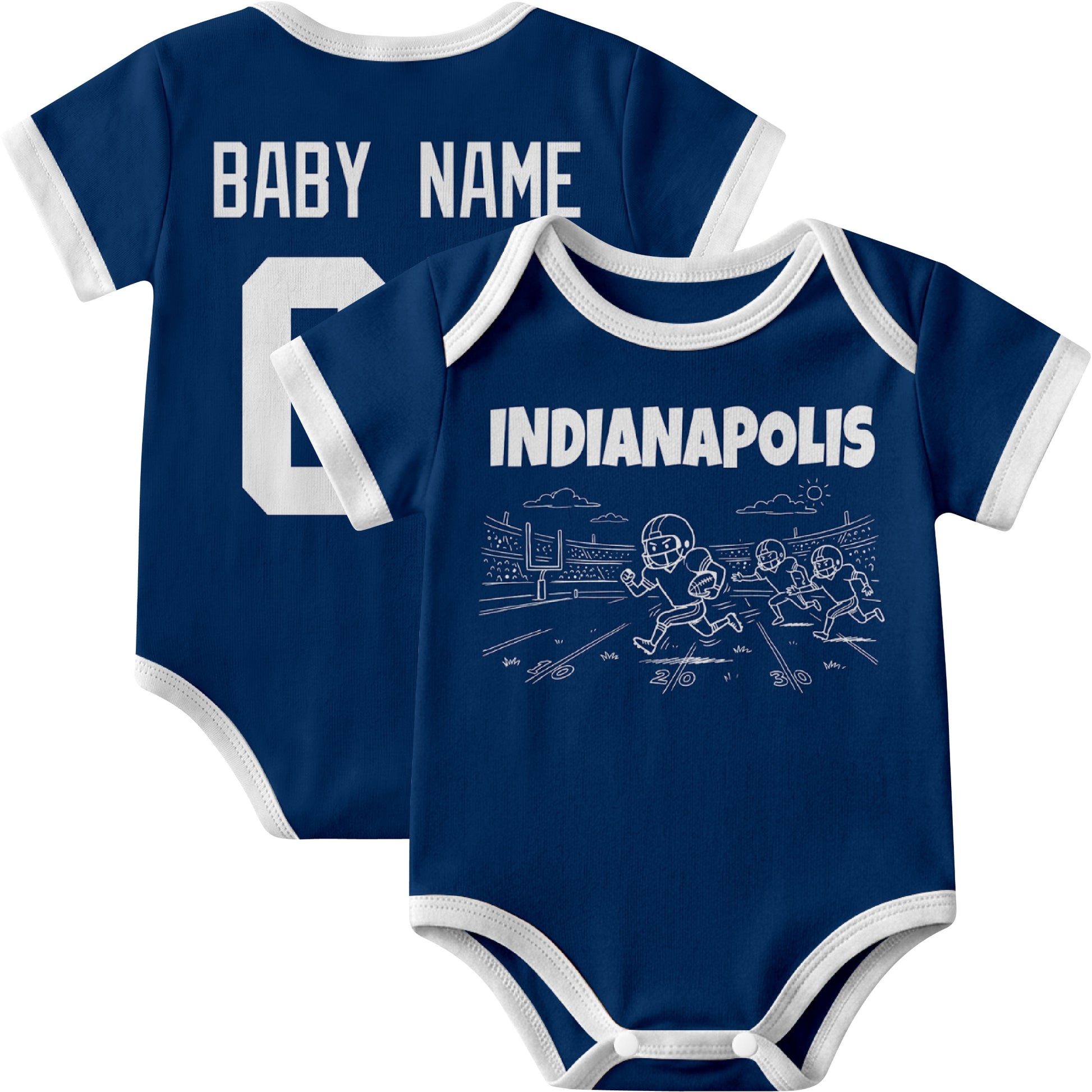 Indianapolis personalized baby football bodysuit in Royal showing front field action scene and back custom baby name and number