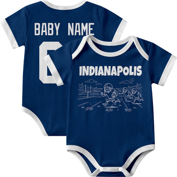 Indianapolis personalized baby football bodysuit in Royal showing front field action scene and back custom baby name and number