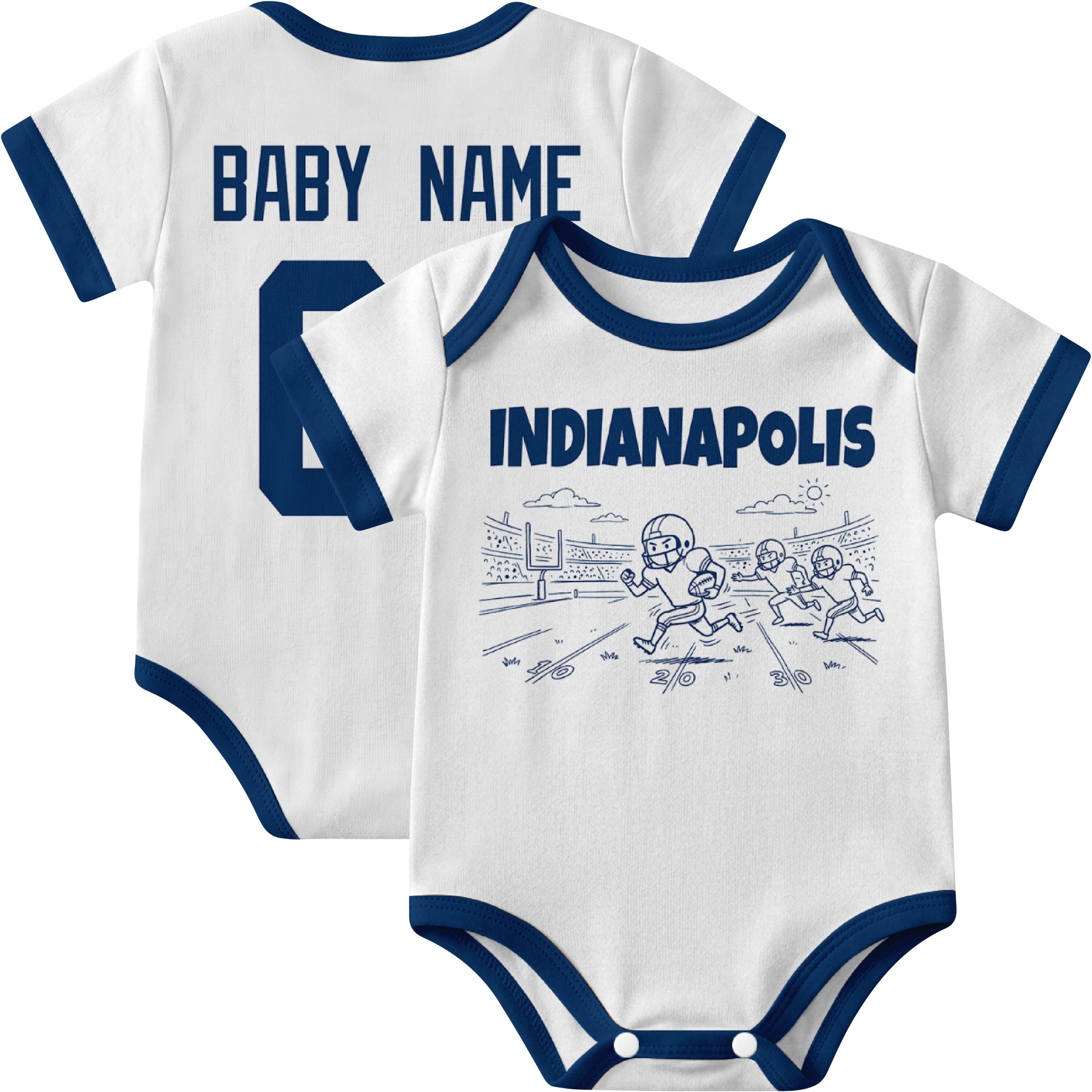 Indianapolis personalized baby football bodysuit in White showing front field action scene and back custom baby name and number