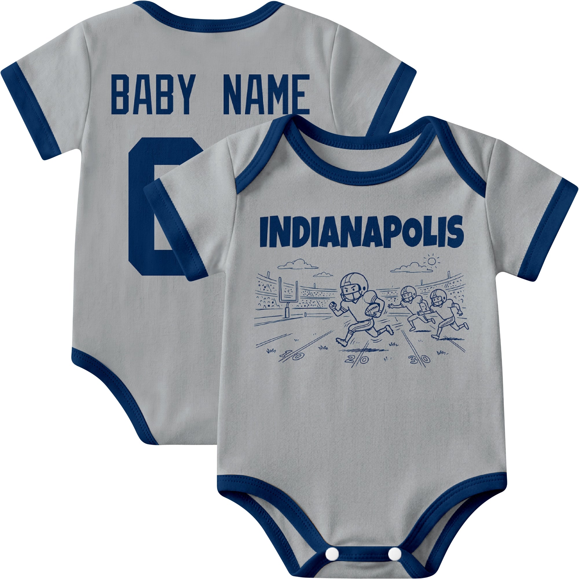 Indianapolis personalized baby football bodysuit in Gray showing front field action scene and back custom baby name and number