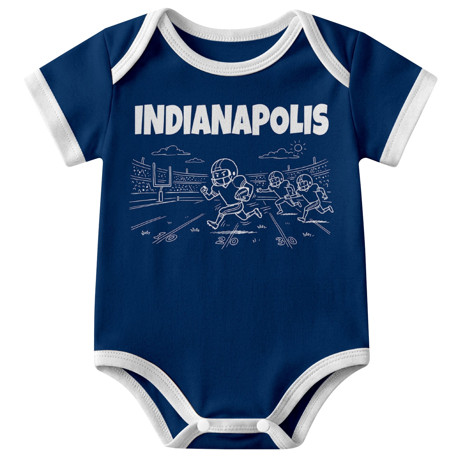 Indianapolis Royal baby football bodysuit front view with city lettering and football field action graphic