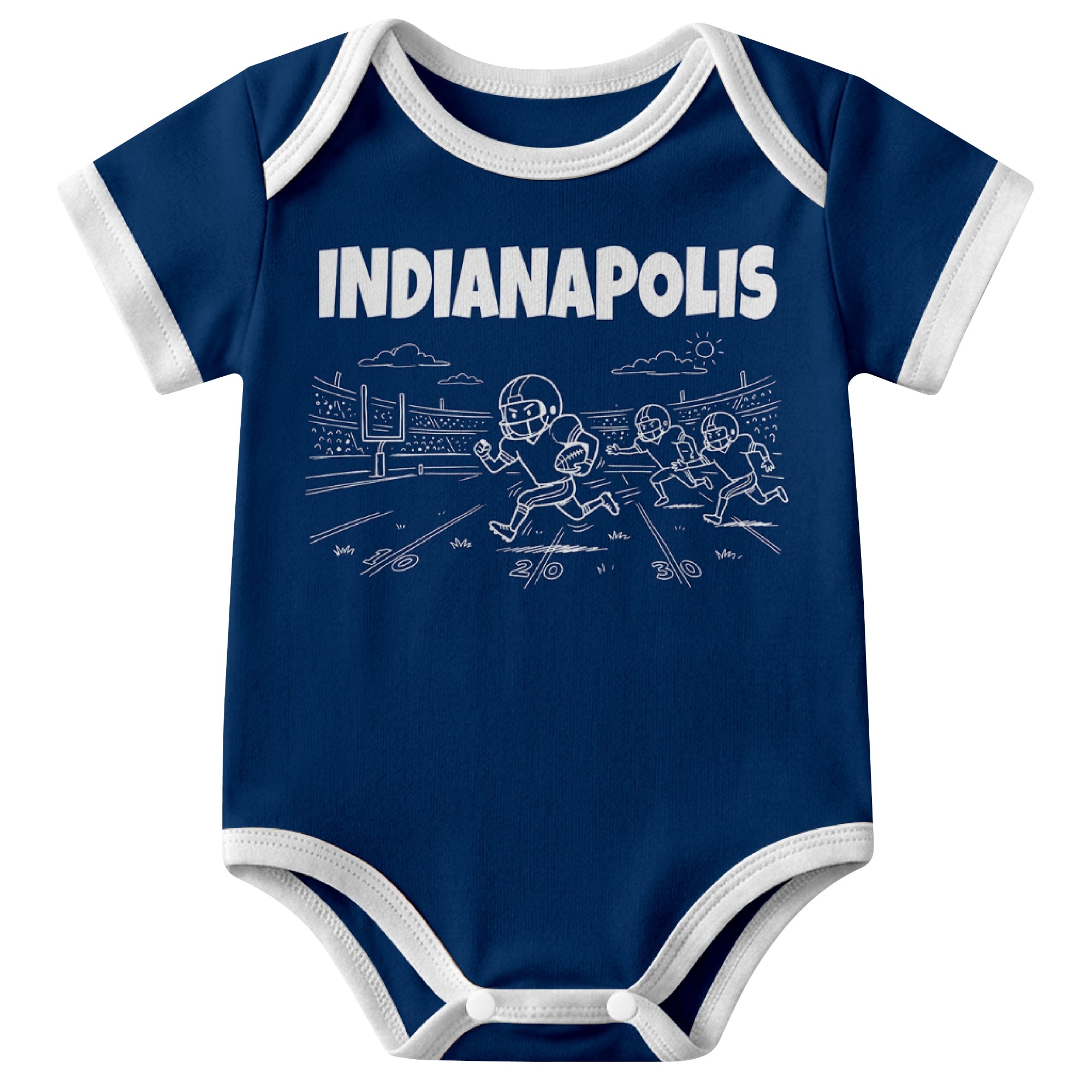 Indianapolis Royal baby football bodysuit front view with city lettering and football field action graphic