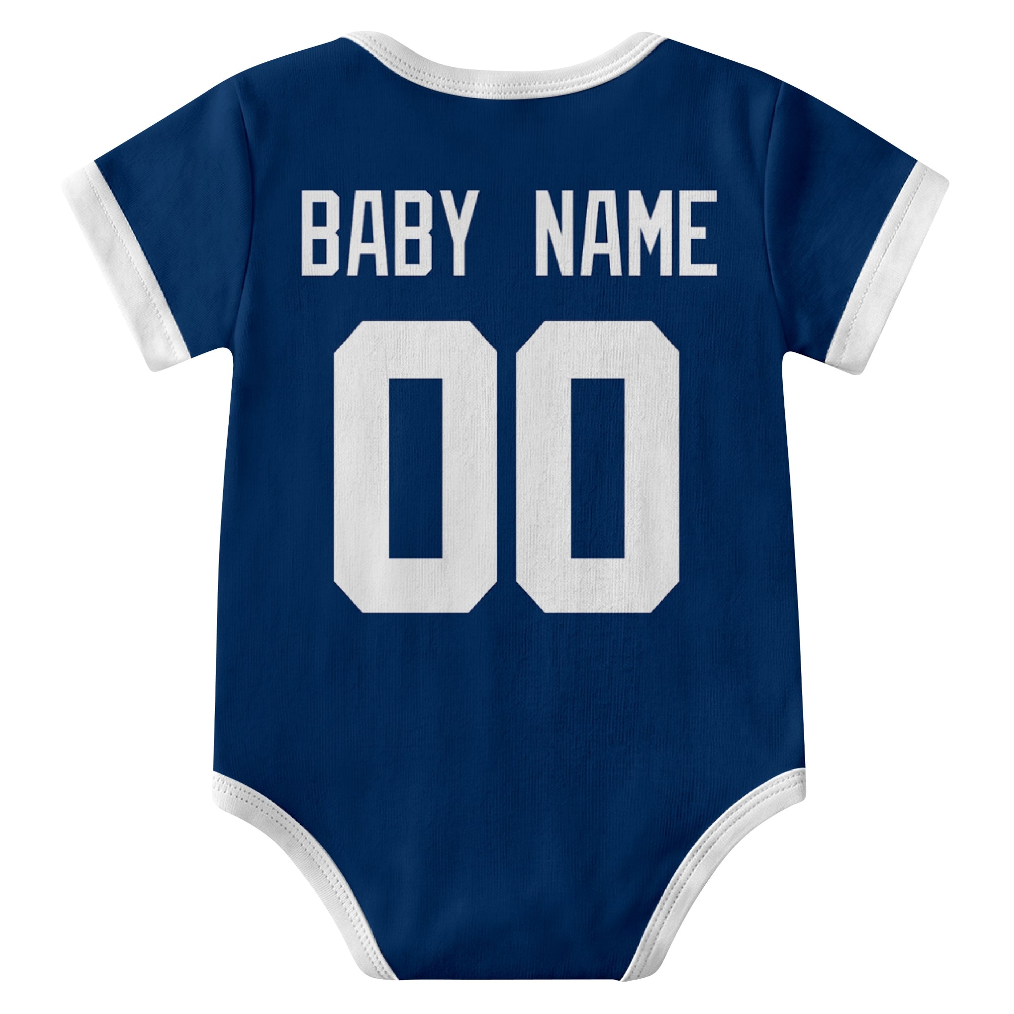 Indianapolis Royal personalized baby football bodysuit back view with custom baby name and jersey number