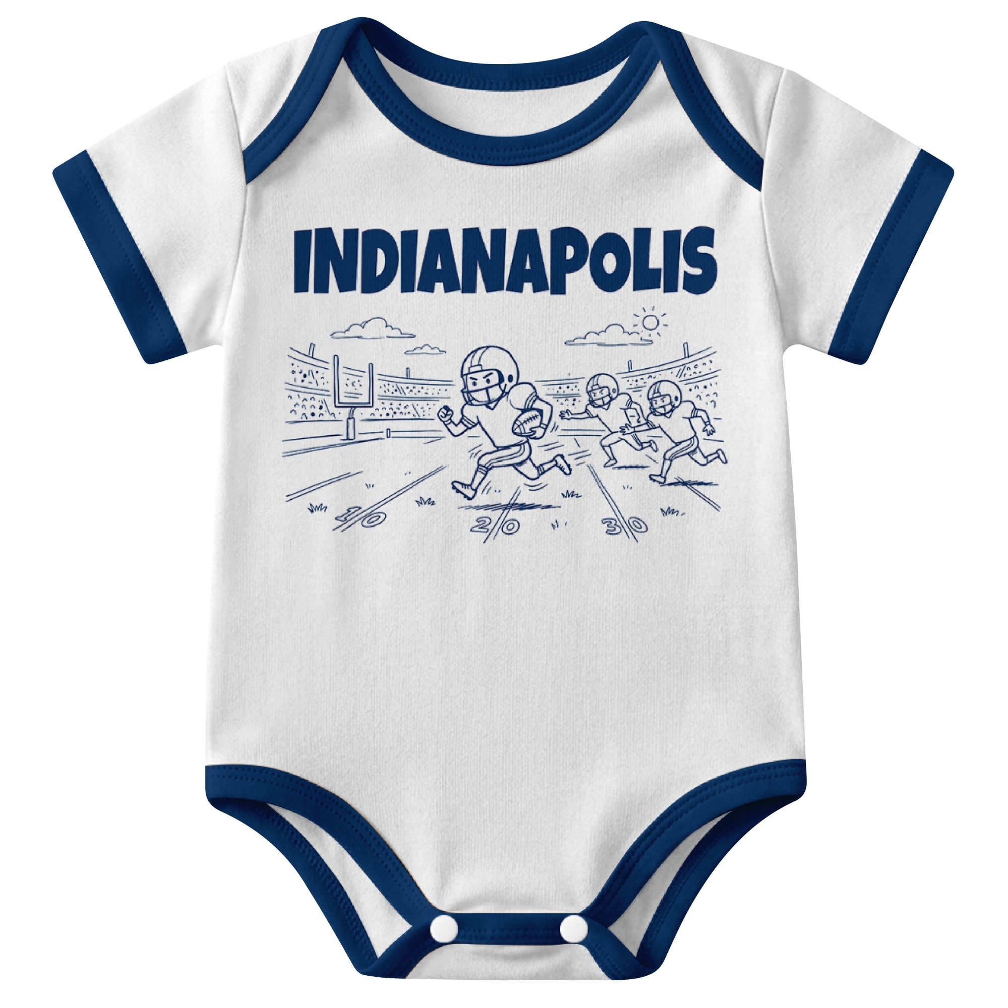 Indianapolis White baby football bodysuit front view with city lettering and football field action graphic