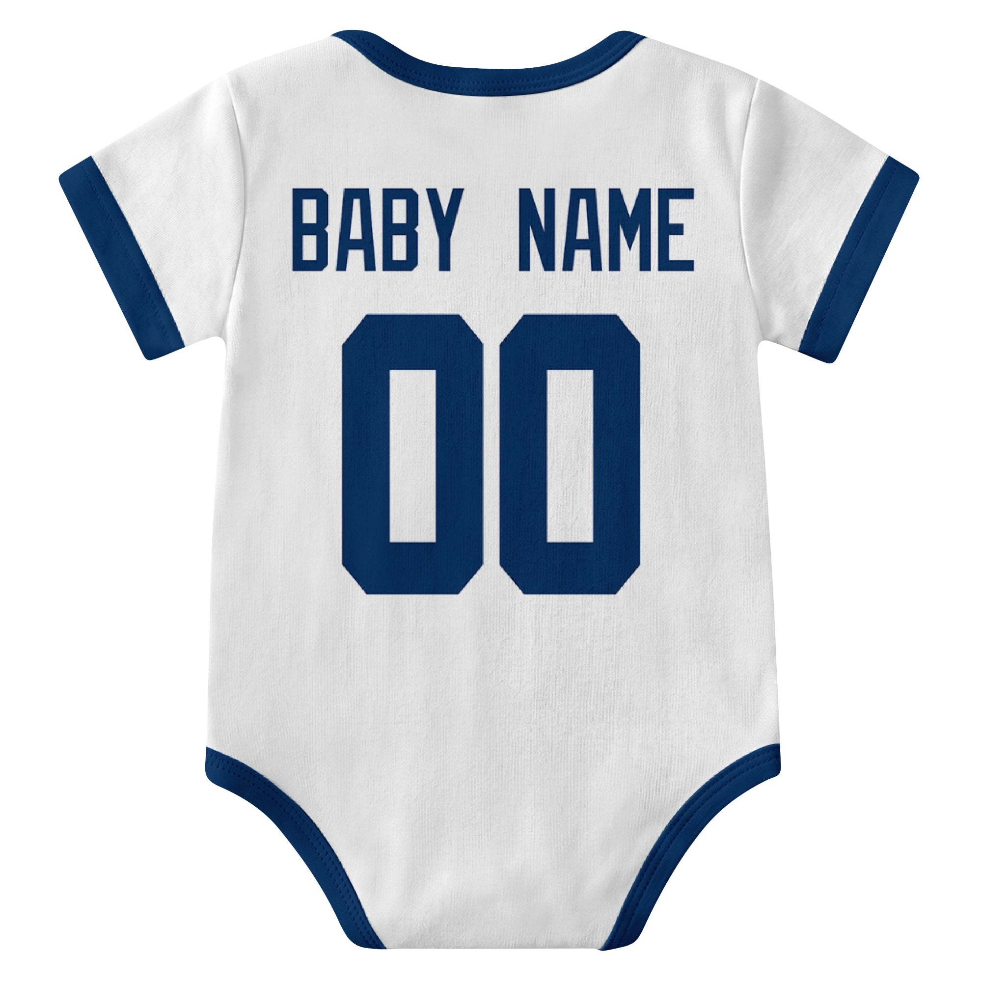 Indianapolis White personalized baby football bodysuit back view with custom baby name and jersey number