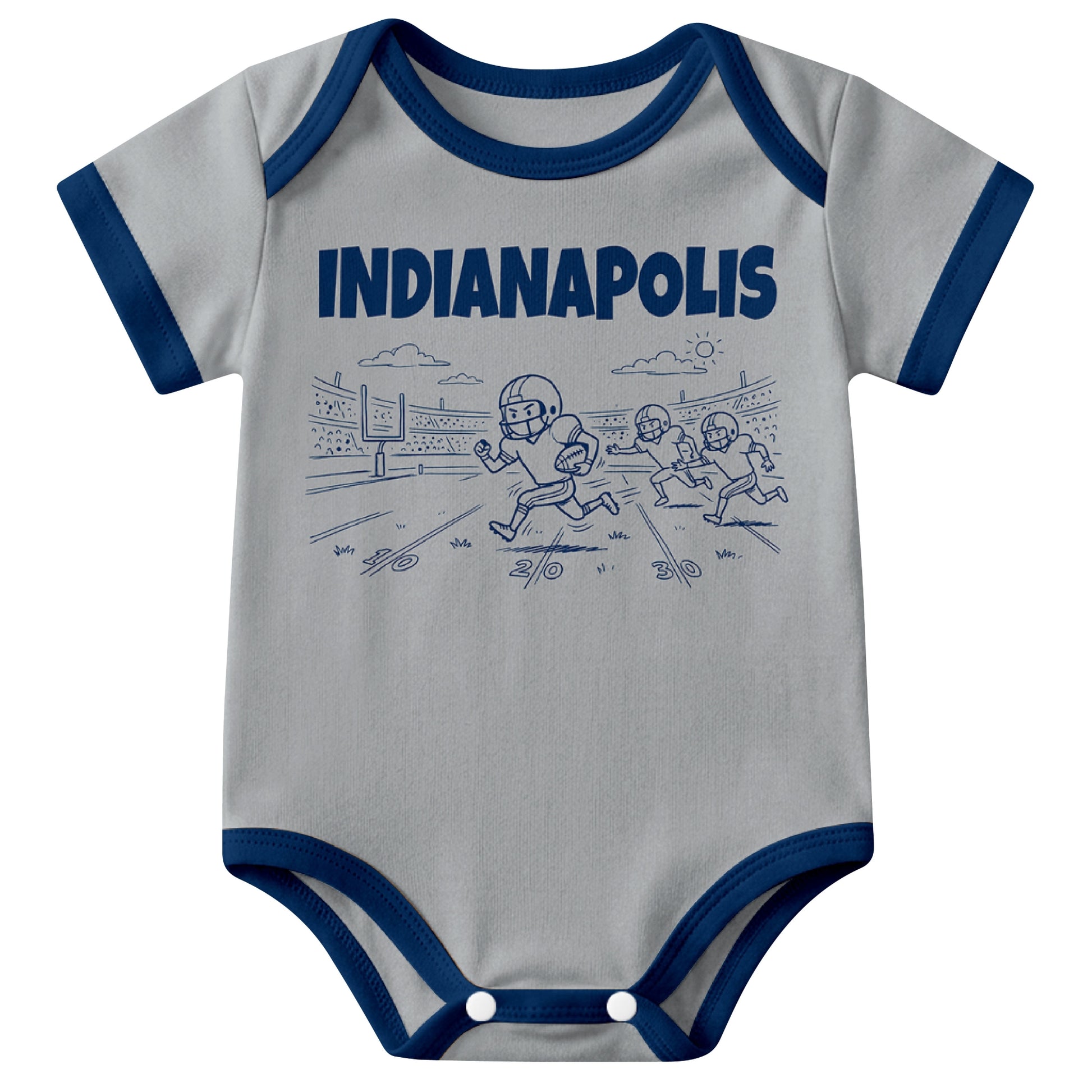 Indianapolis Gray baby football bodysuit front view with city lettering and football field action graphic