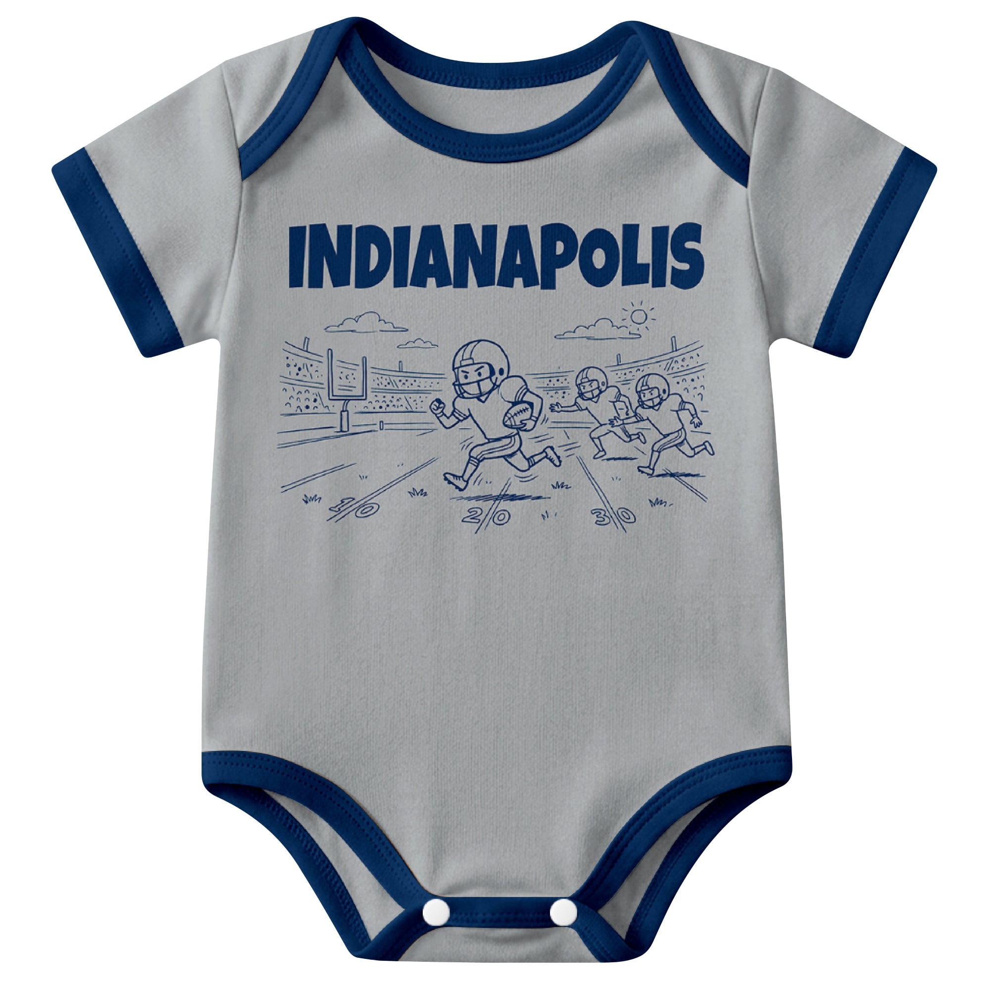 Indianapolis Gray baby football bodysuit front view with city lettering and football field action graphic