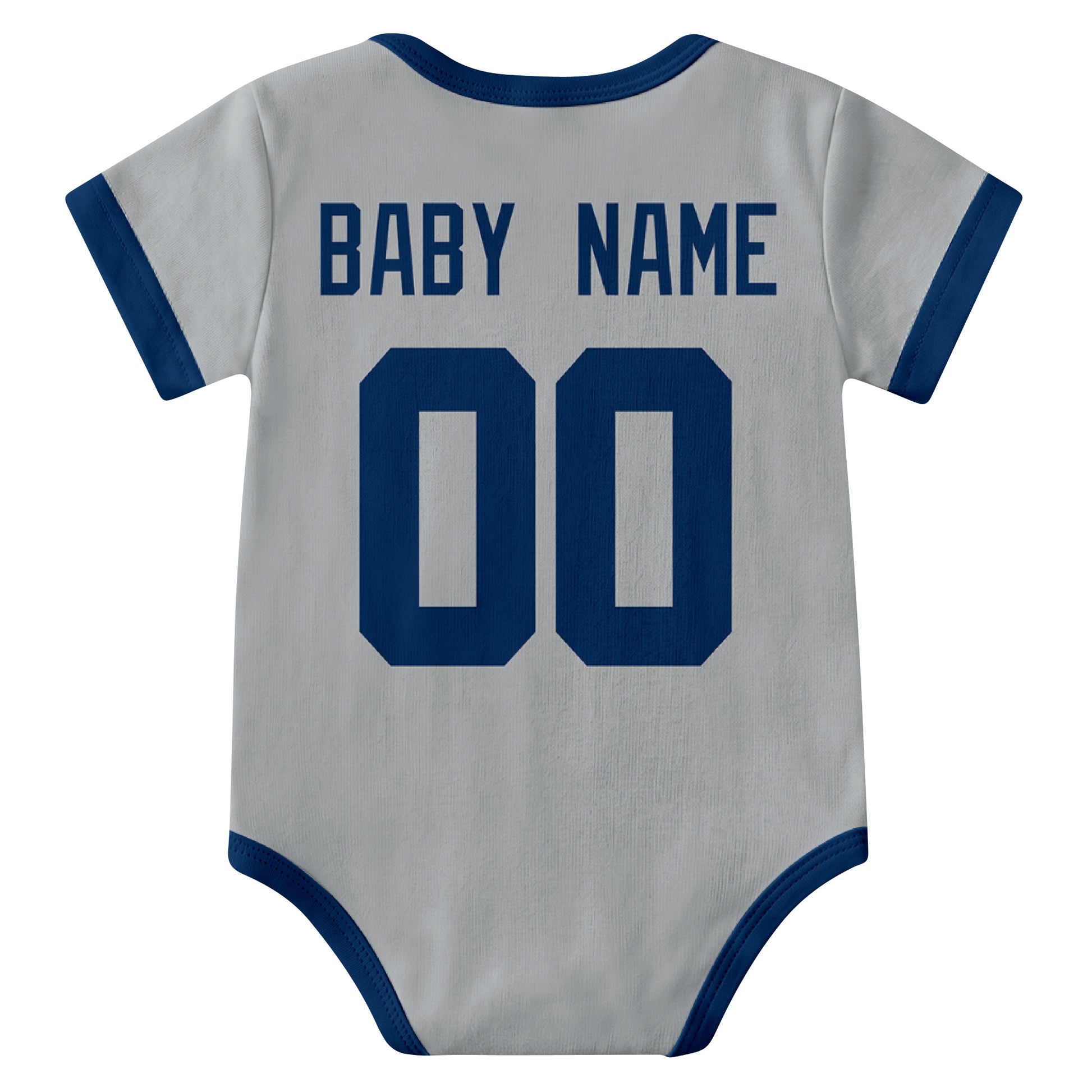 Indianapolis Gray personalized baby football bodysuit back view with custom baby name and jersey number