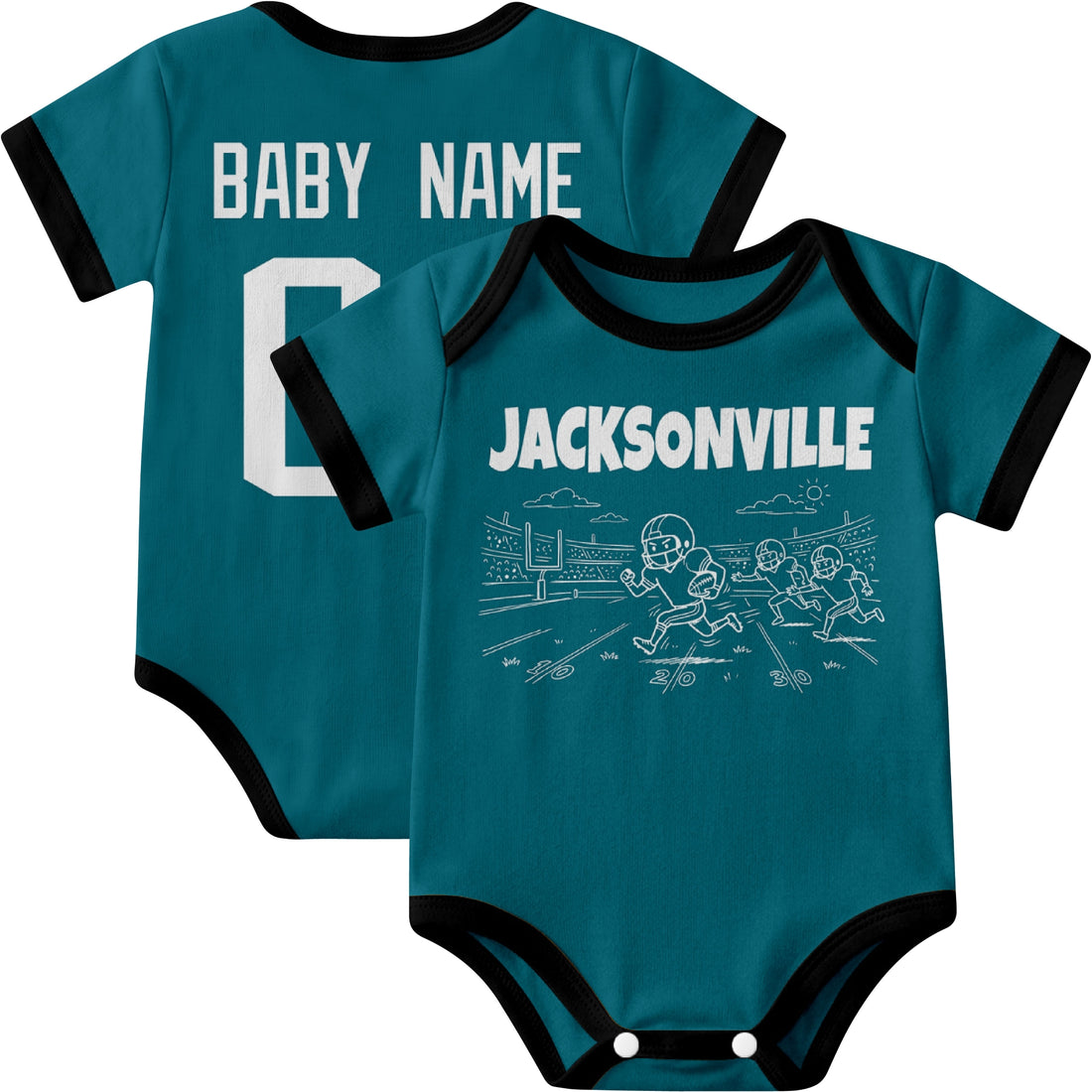 Jacksonville personalized baby football bodysuit in Teal showing front field action scene and back custom baby name and number
