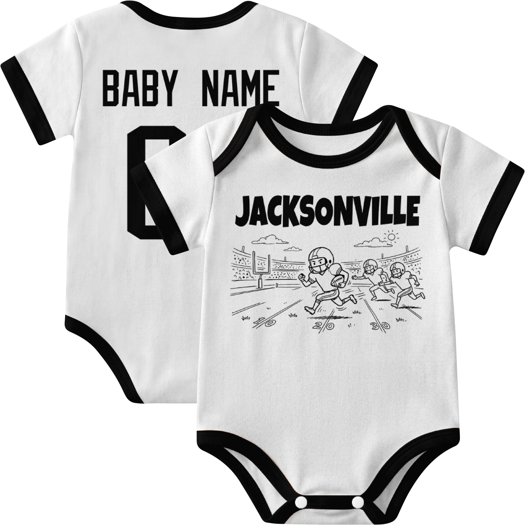 Jacksonville personalized baby football bodysuit in White showing front field action scene and back custom baby name and number