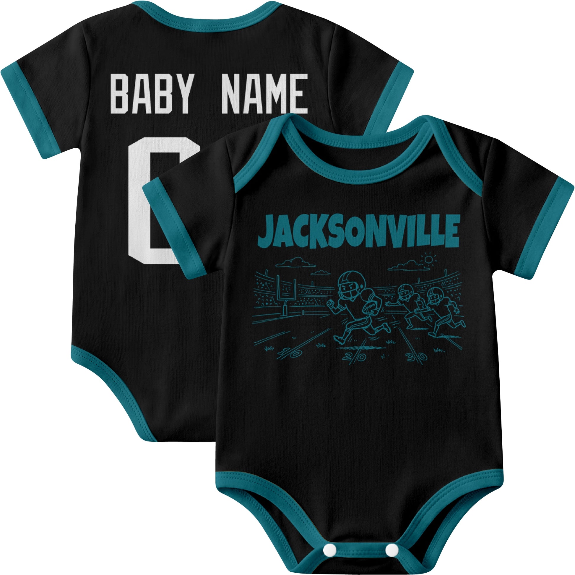 Jacksonville personalized baby football bodysuit in Black showing front field action scene and back custom baby name and number
