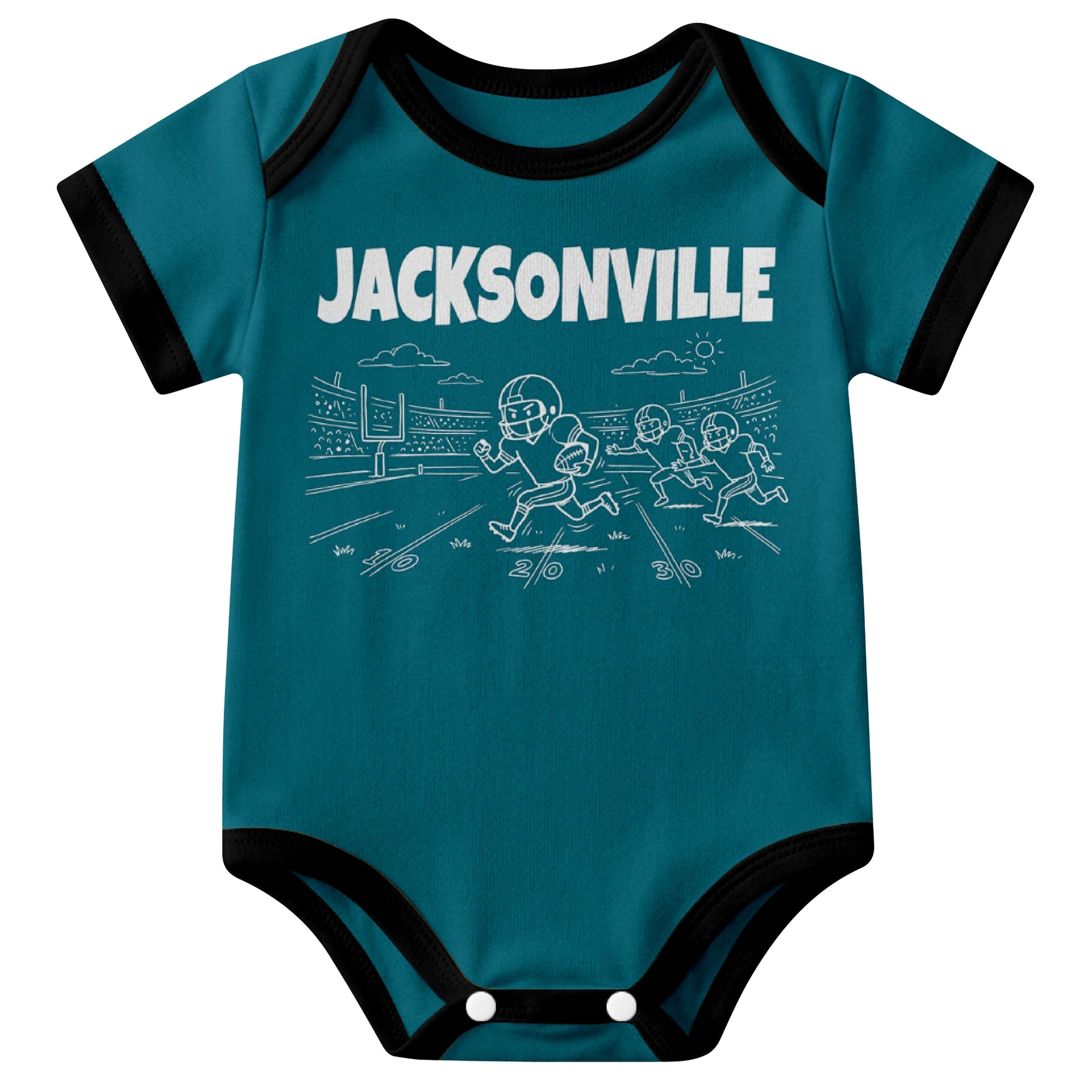 Jacksonville Teal baby football bodysuit front view with city lettering and football field action graphic