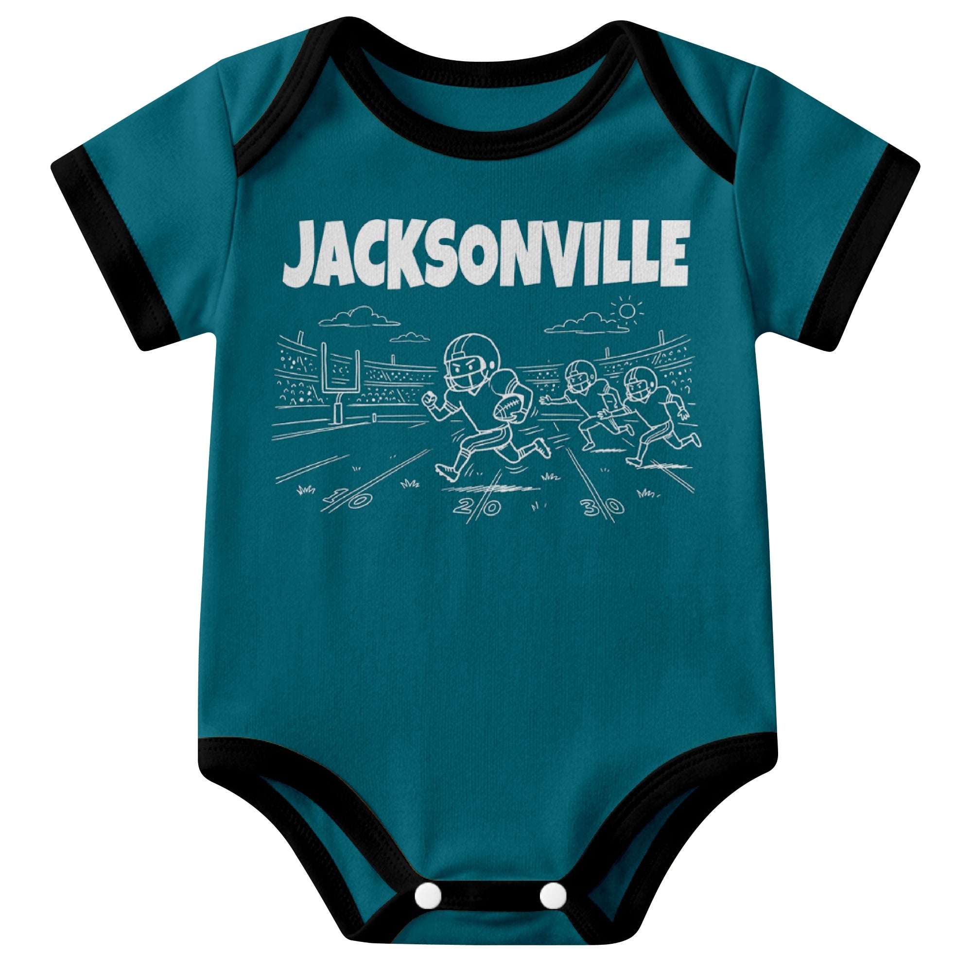 Jacksonville Teal baby football bodysuit front view with city lettering and football field action graphic
