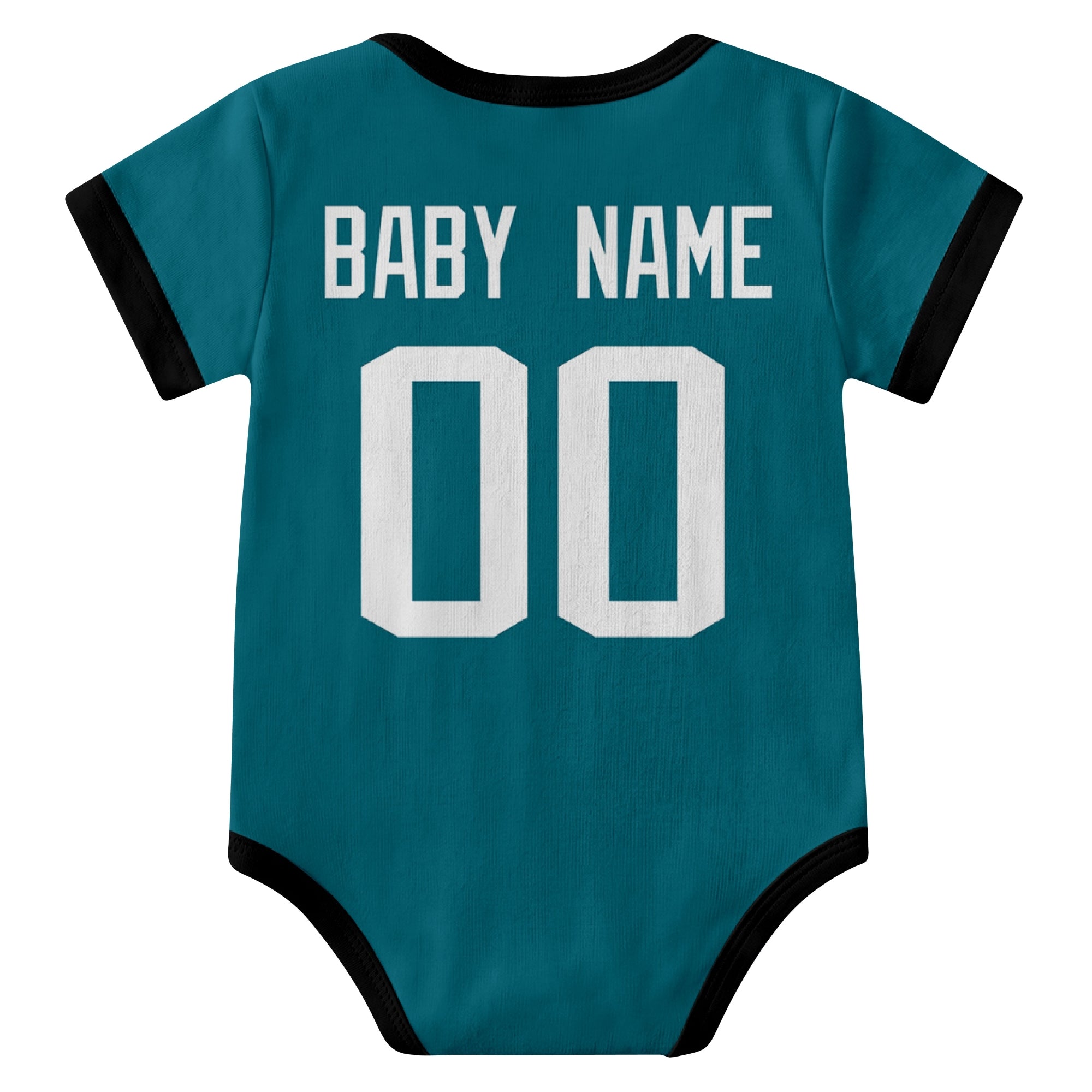 Jacksonville Teal personalized baby football bodysuit back view with custom baby name and jersey number