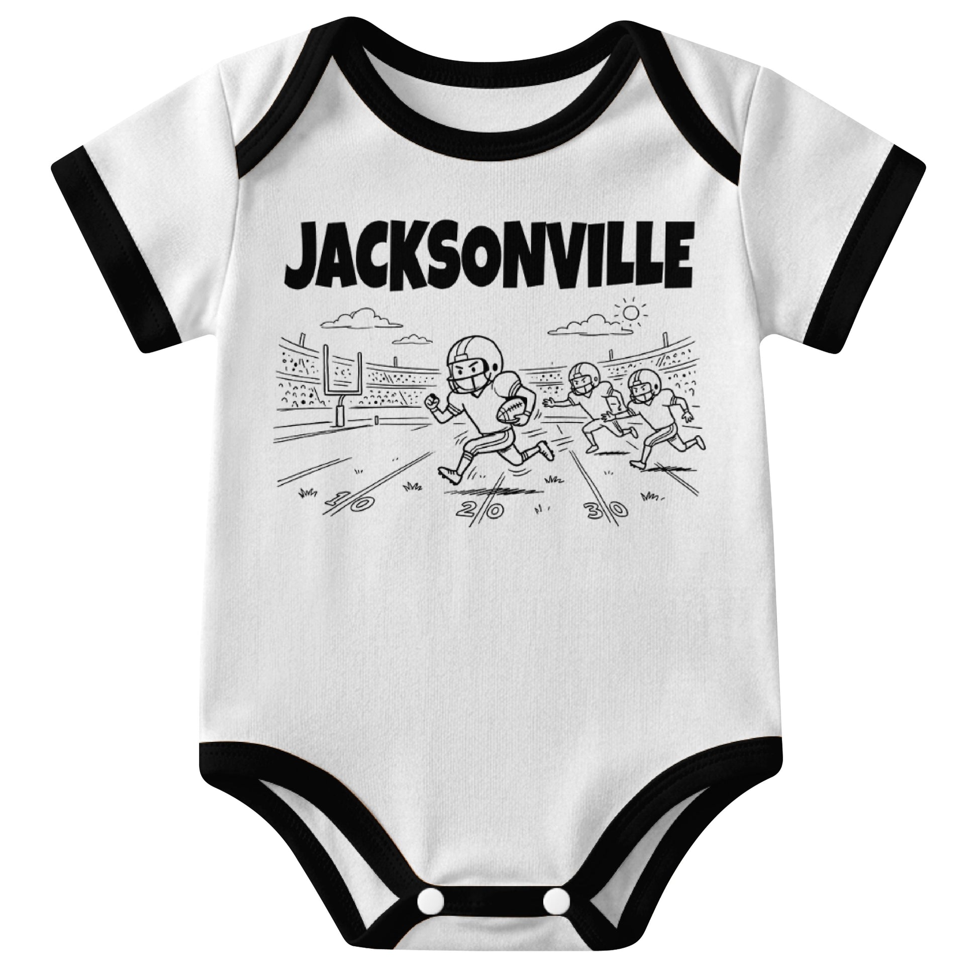 Jacksonville White baby football bodysuit front view with city lettering and football field action graphic