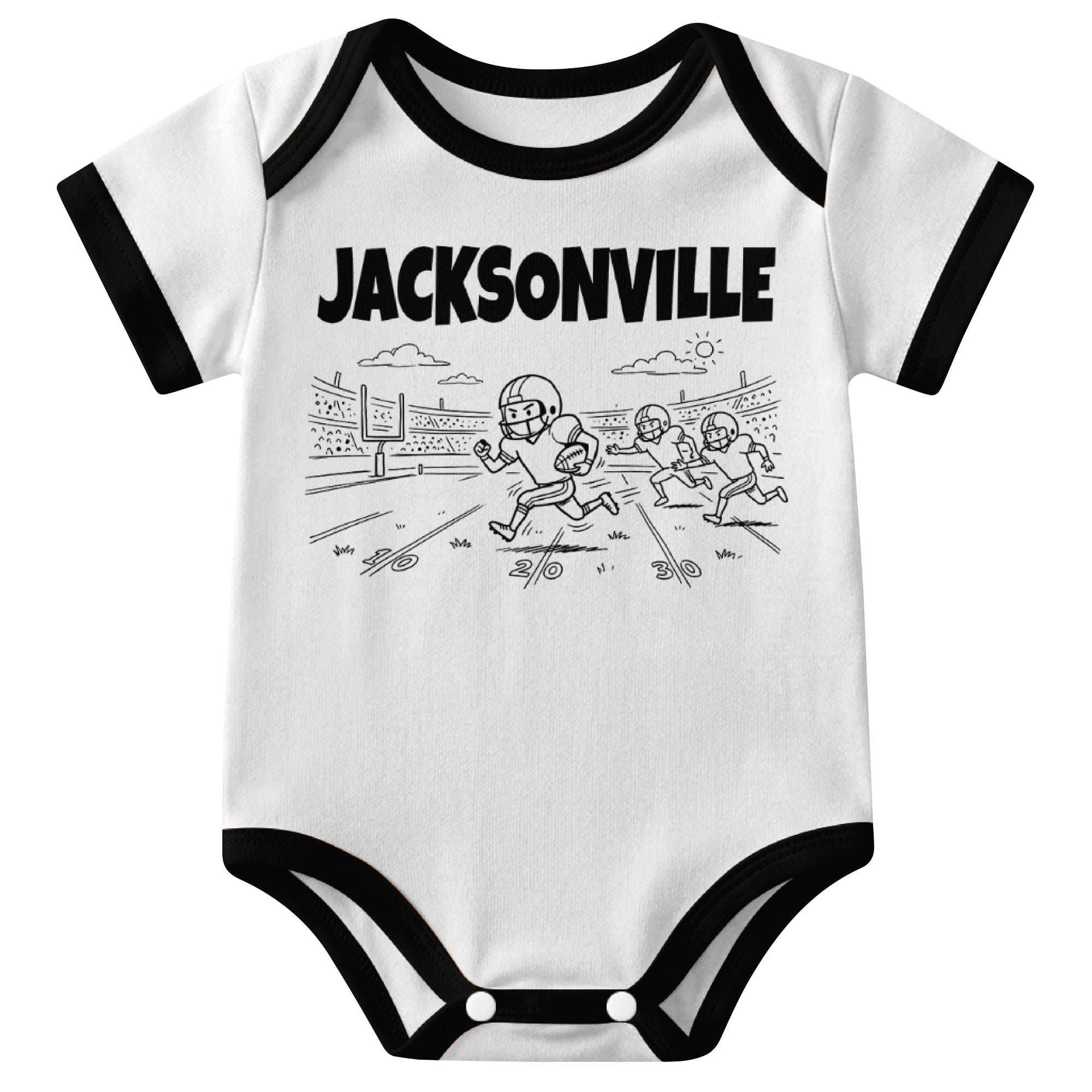 Jacksonville White baby football bodysuit front view with city lettering and football field action graphic