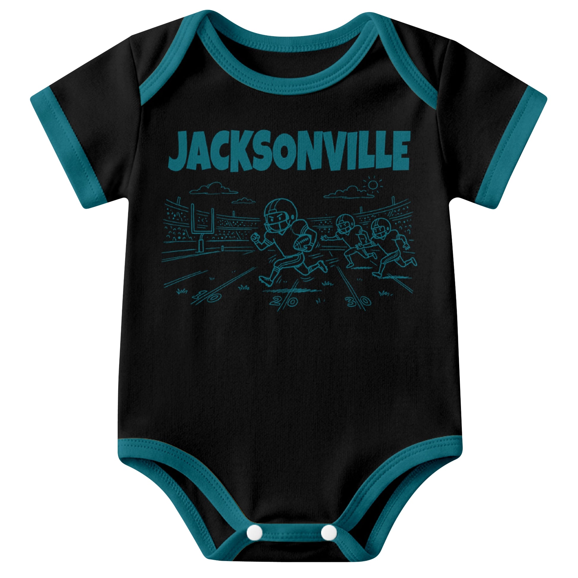 Jacksonville Black baby football bodysuit front view with city lettering and football field action graphic