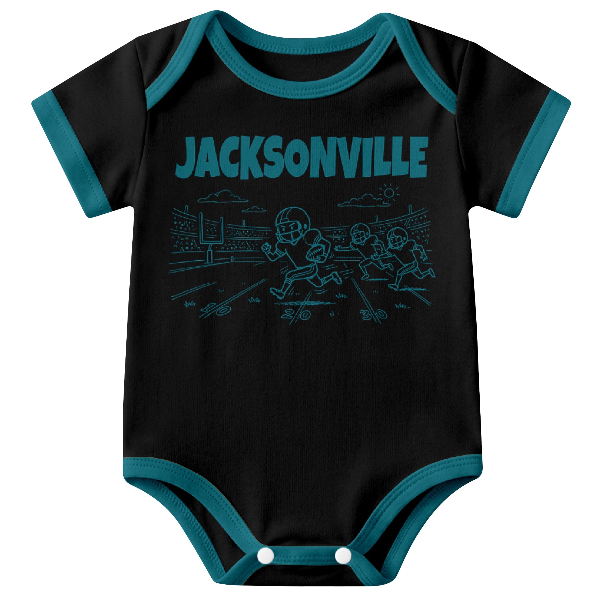 Jacksonville Black baby football bodysuit front view with city lettering and football field action graphic