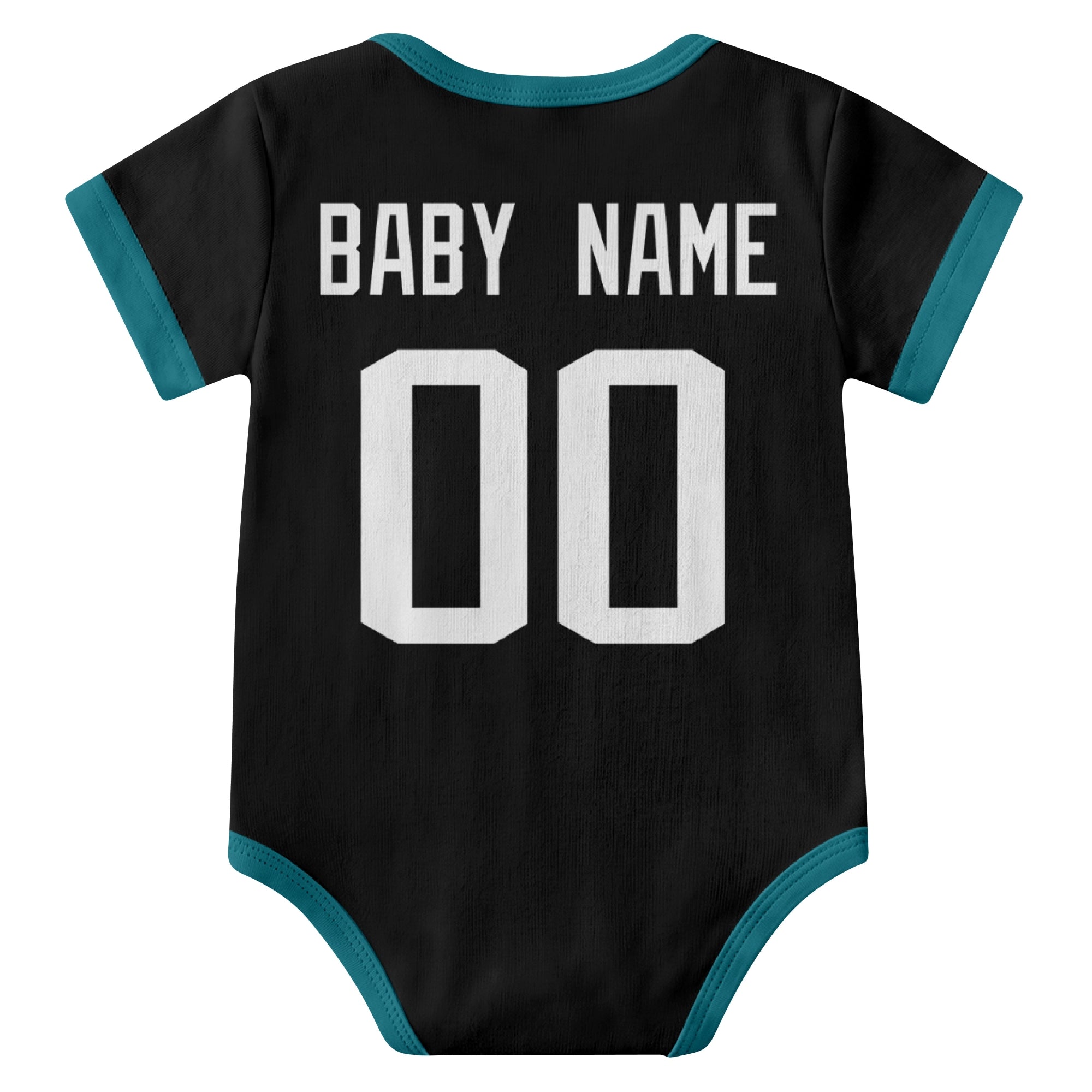 Jacksonville Black personalized baby football bodysuit back view with custom baby name and jersey number