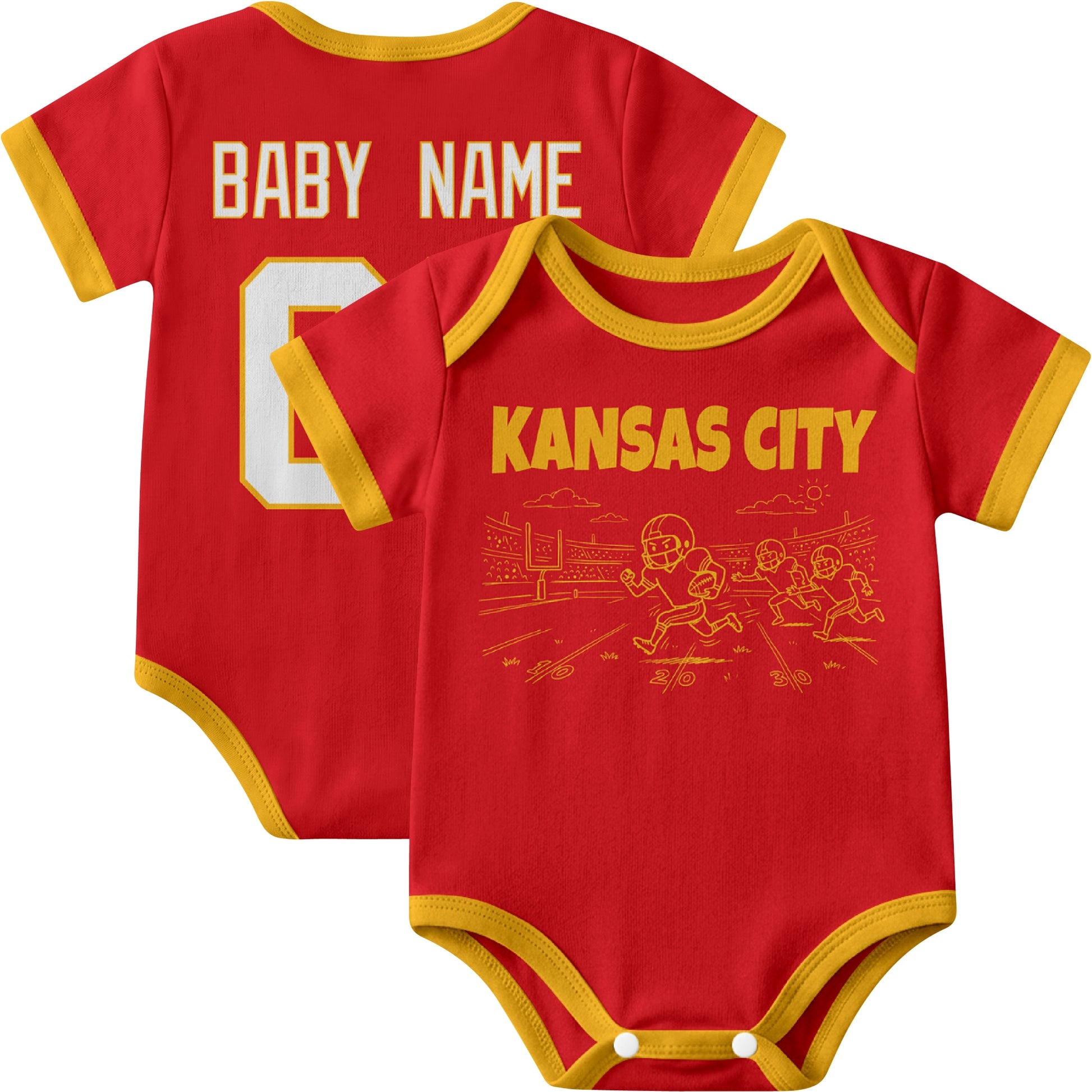 Kansas personalized baby football bodysuit in Red showing front field action scene and back custom baby name and number