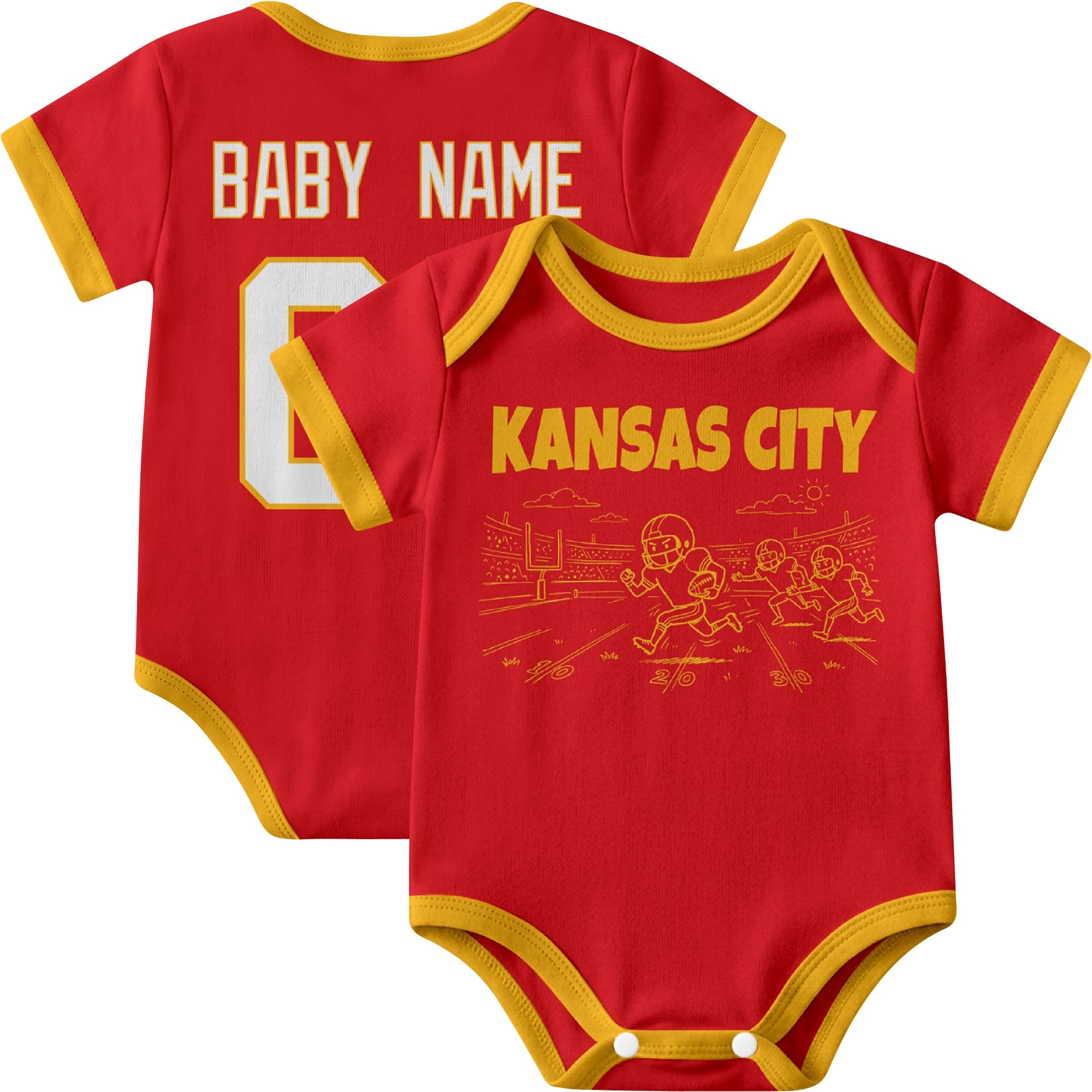Kansas personalized baby football bodysuit in Red showing front field action scene and back custom baby name and number