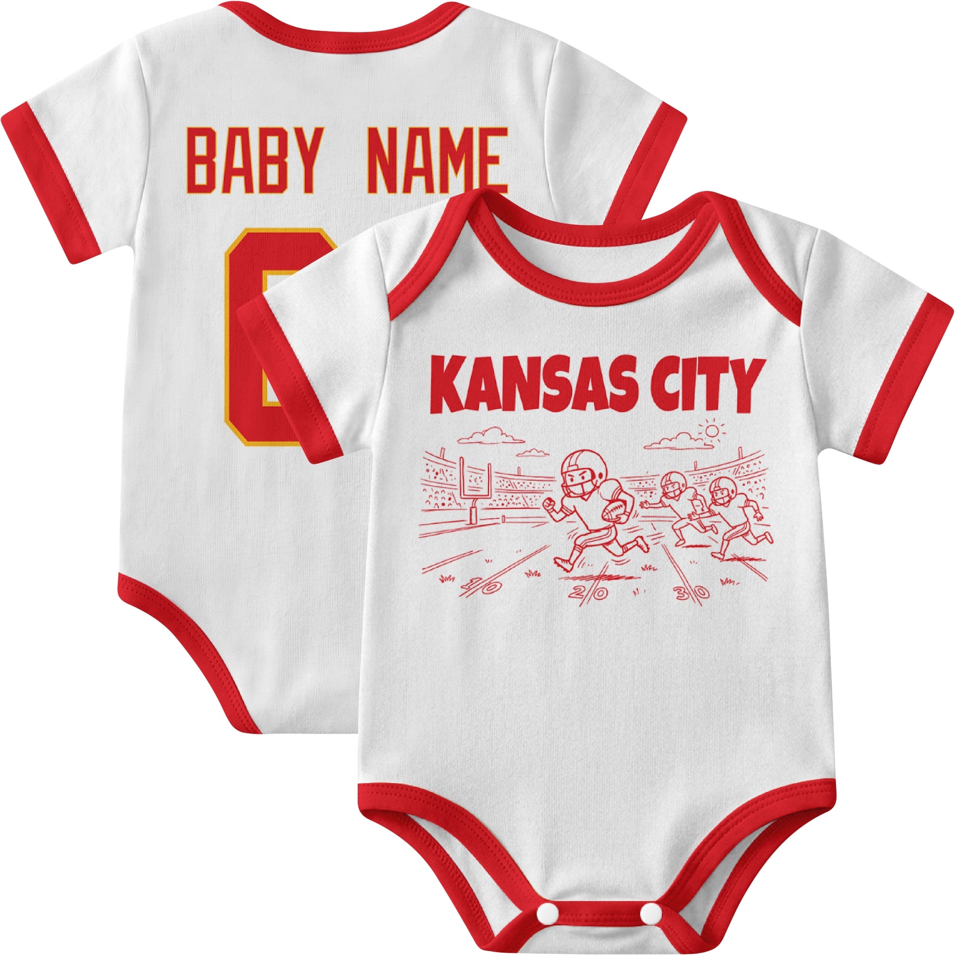 Kansas personalized baby football bodysuit in White showing front field action scene and back custom baby name and number