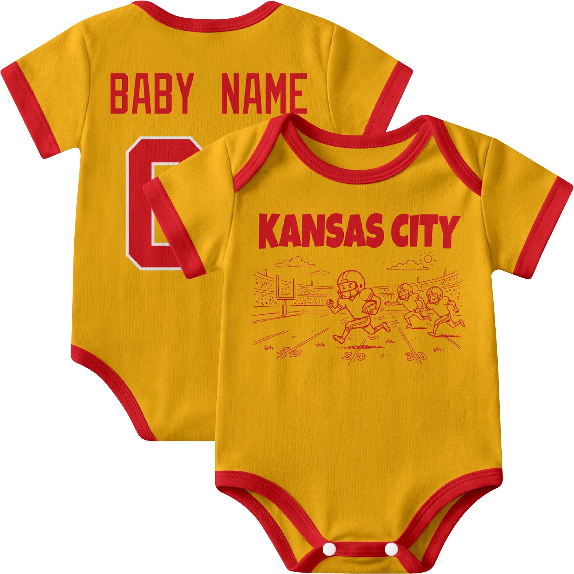 Kansas personalized baby football bodysuit in Gold showing front field action scene and back custom baby name and number