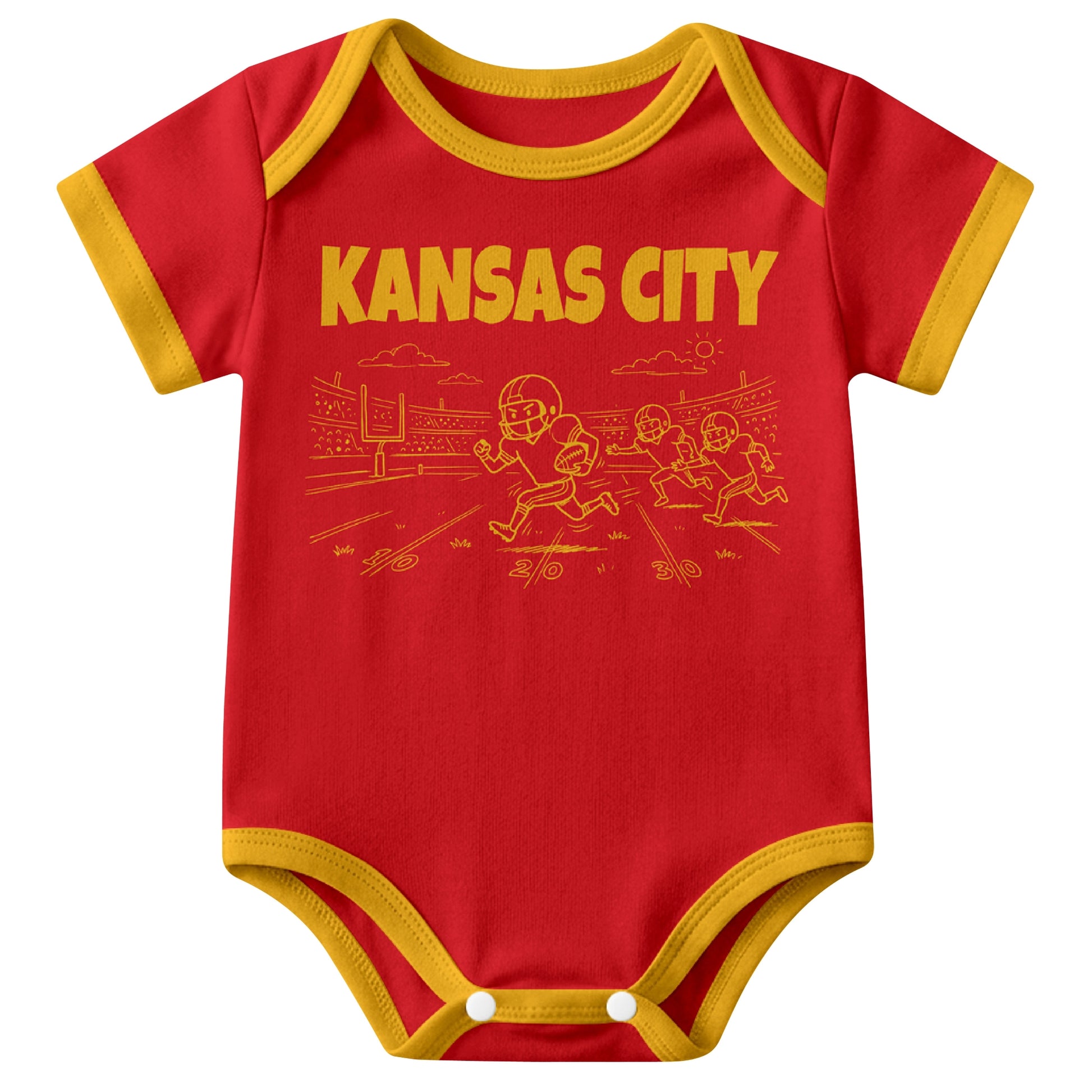 Kansas Red baby football bodysuit front view with city lettering and football field action graphic