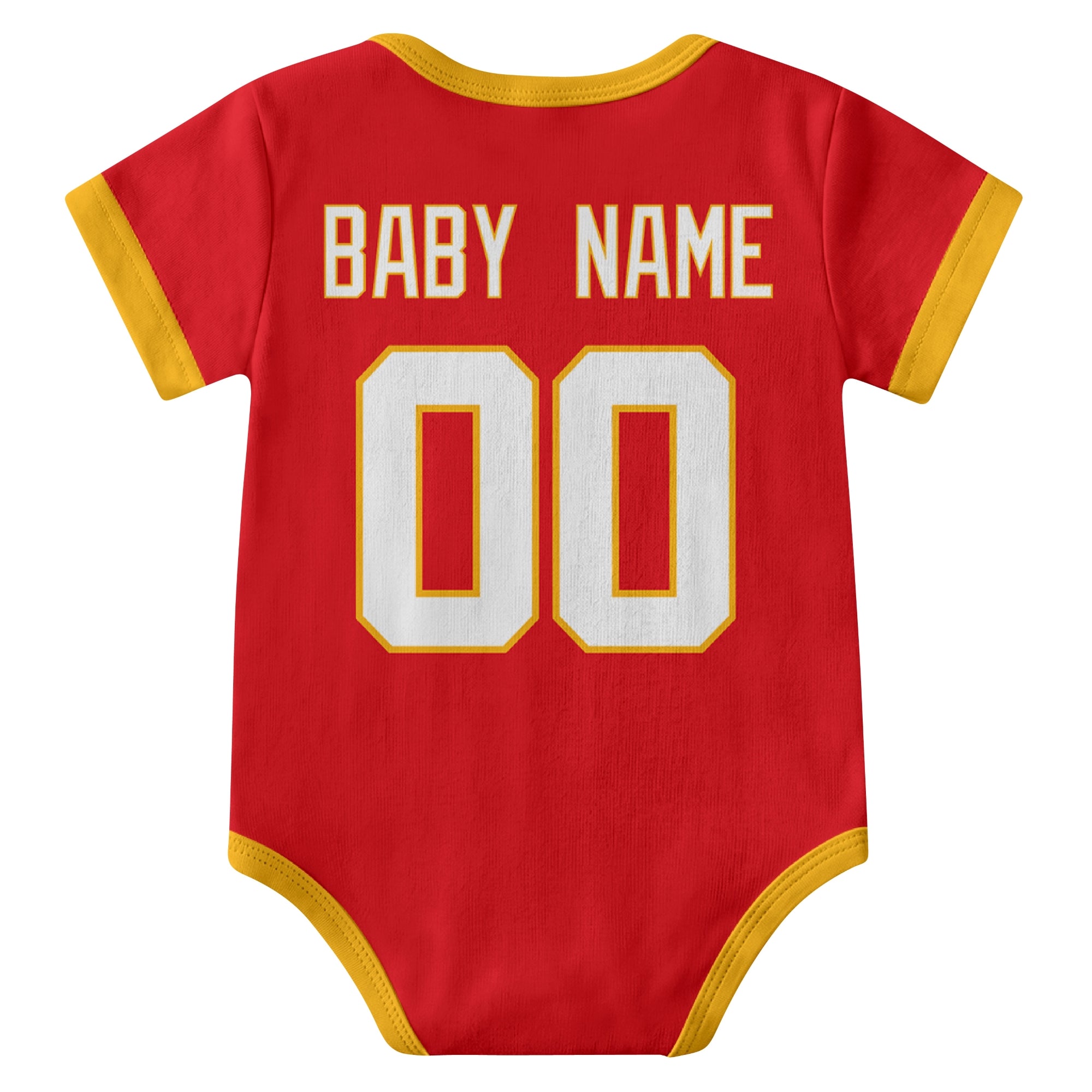 Kansas Red personalized baby football bodysuit back view with custom baby name and jersey number