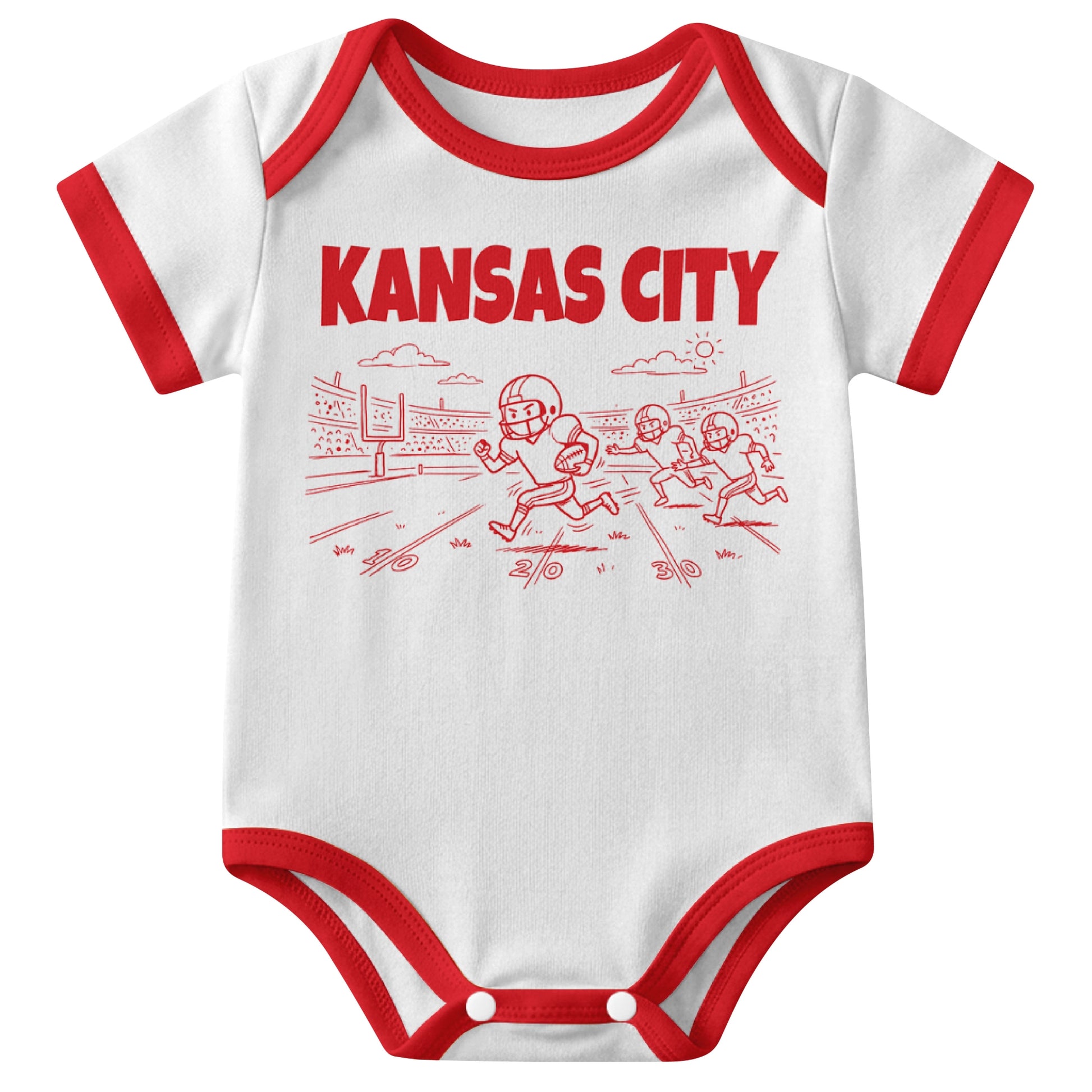 Kansas White baby football bodysuit front view with city lettering and football field action graphic