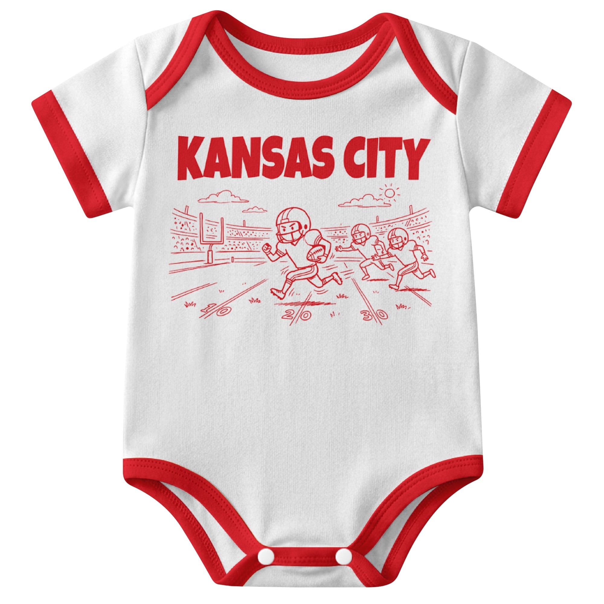 Kansas White baby football bodysuit front view with city lettering and football field action graphic