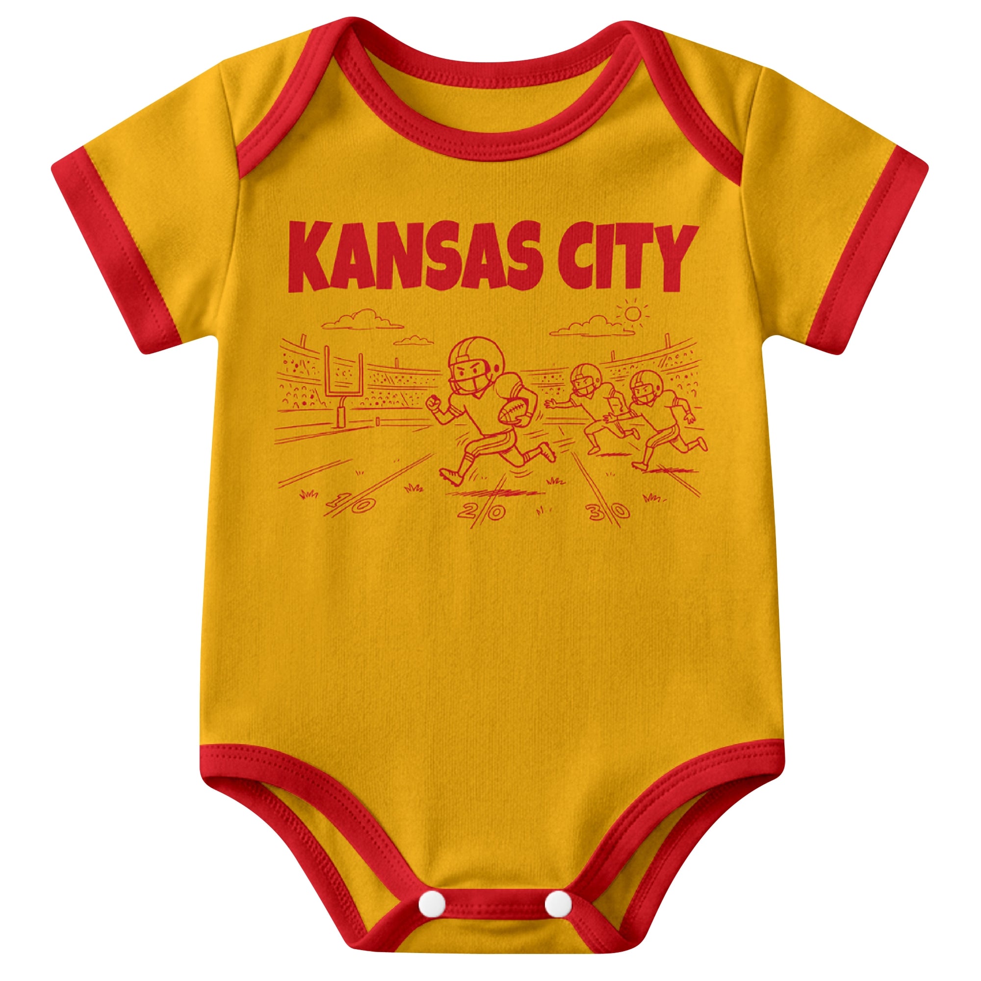 Kansas Gold baby football bodysuit front view with city lettering and football field action graphic