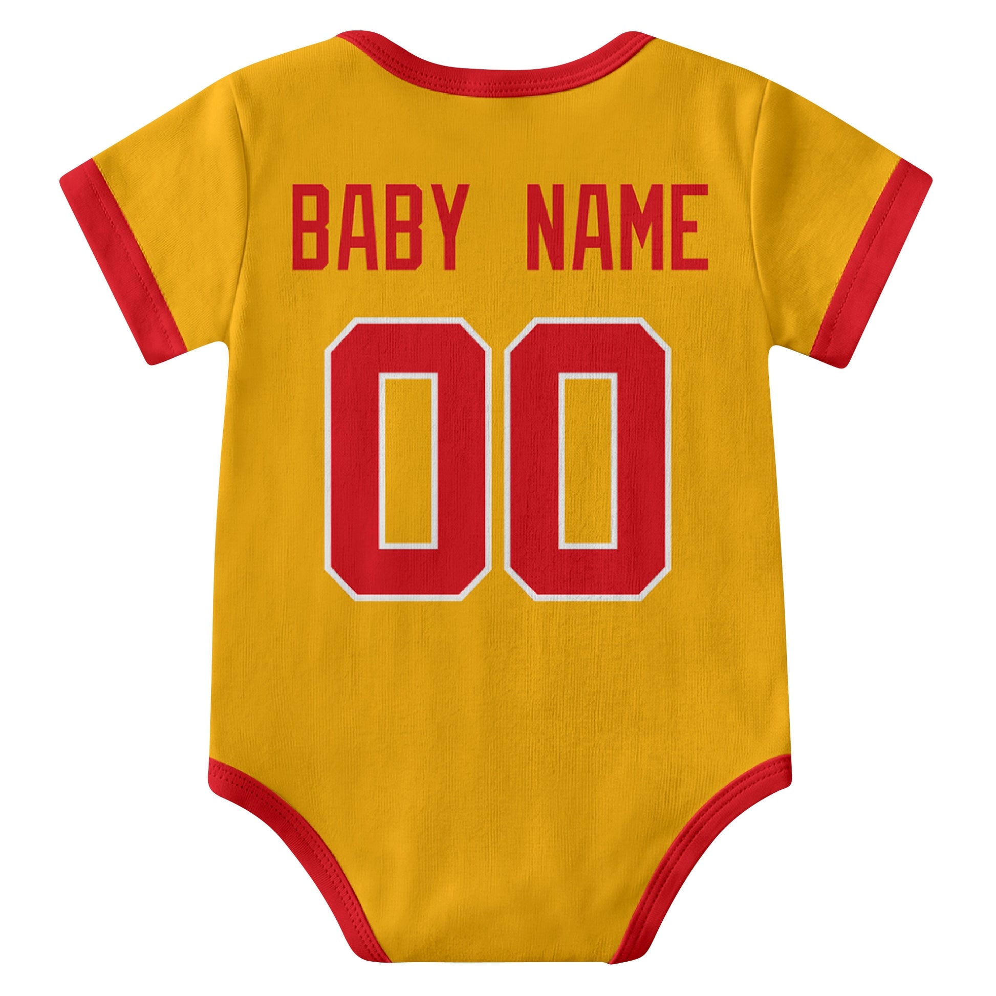 Kansas Gold personalized baby football bodysuit back view with custom baby name and jersey number