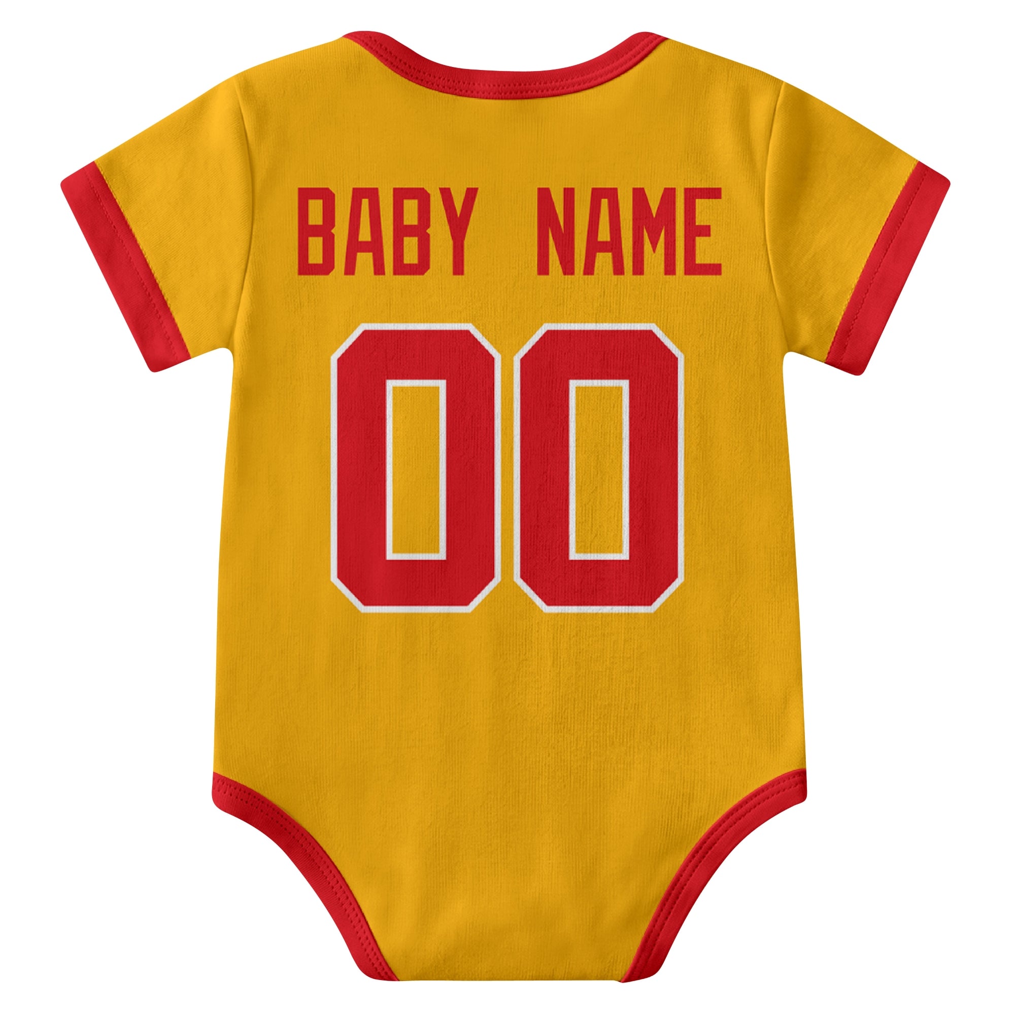 Kansas Gold personalized baby football bodysuit back view with custom baby name and jersey number