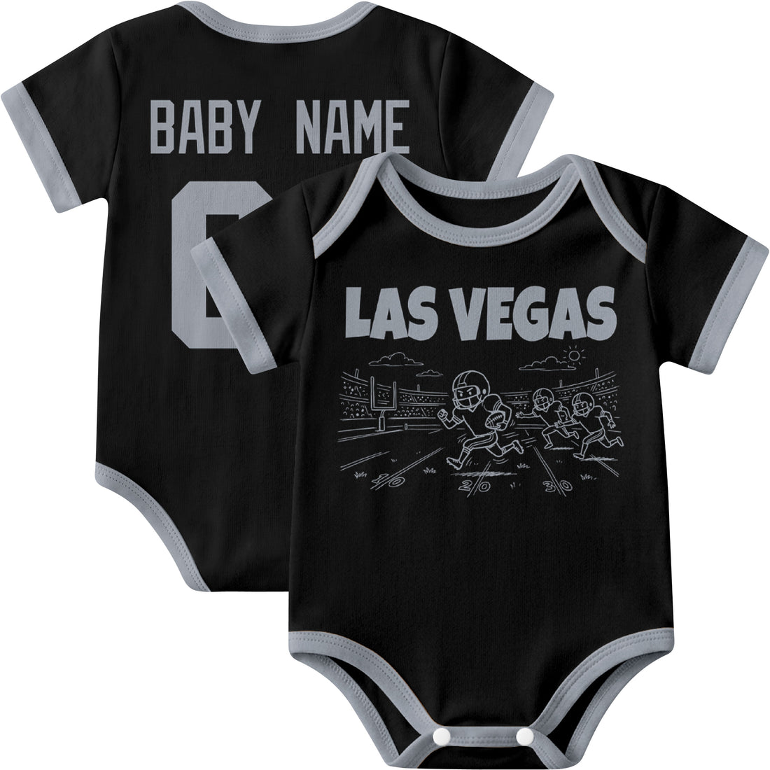 Las Vegas personalized baby football bodysuit in Black showing front field action scene and back custom baby name and number